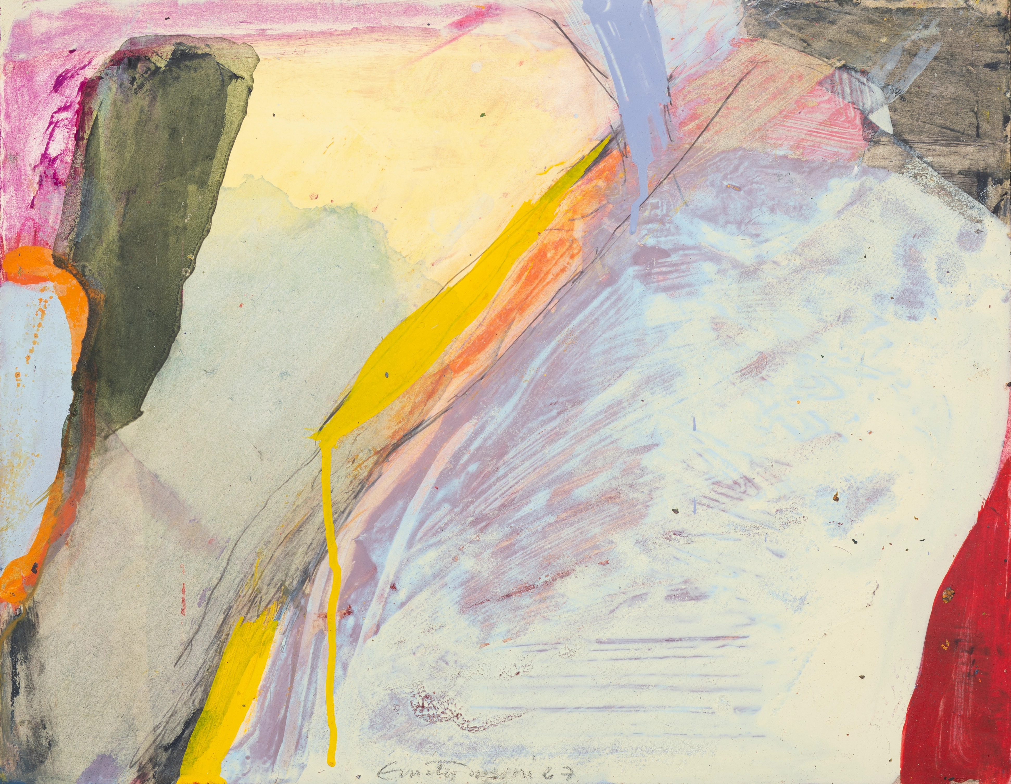 Abstract oil on paper work, comprised of large, translucent, layered forms of light colors. From left to right, there is but, orange, magenta, grey, creams, purples, white, and red.