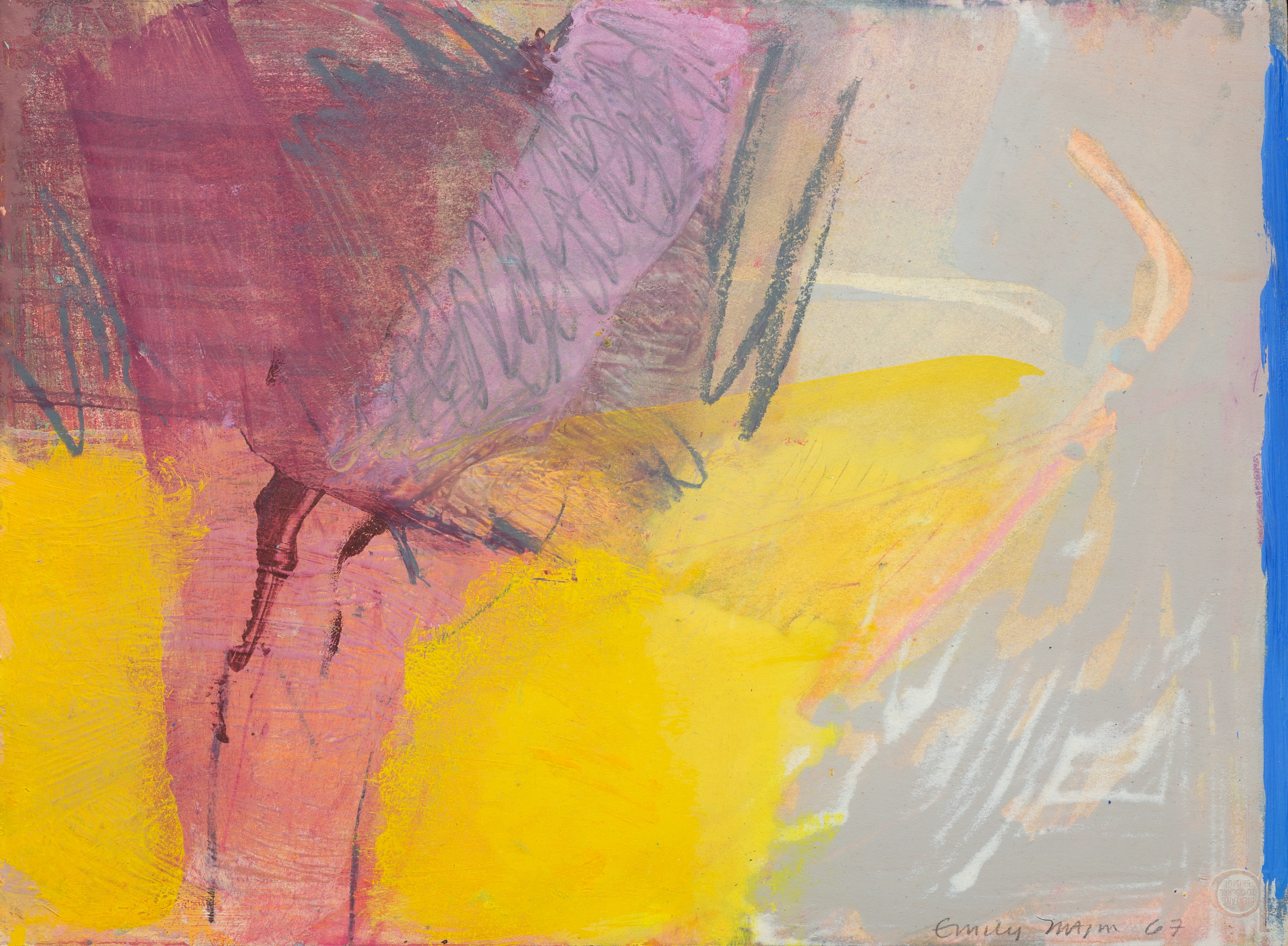 Abstract oil on paper with greys on the right and purples, yellow, and magenta on the left. Grey circular, gestural marks are layered on top of the colors in the upper left.