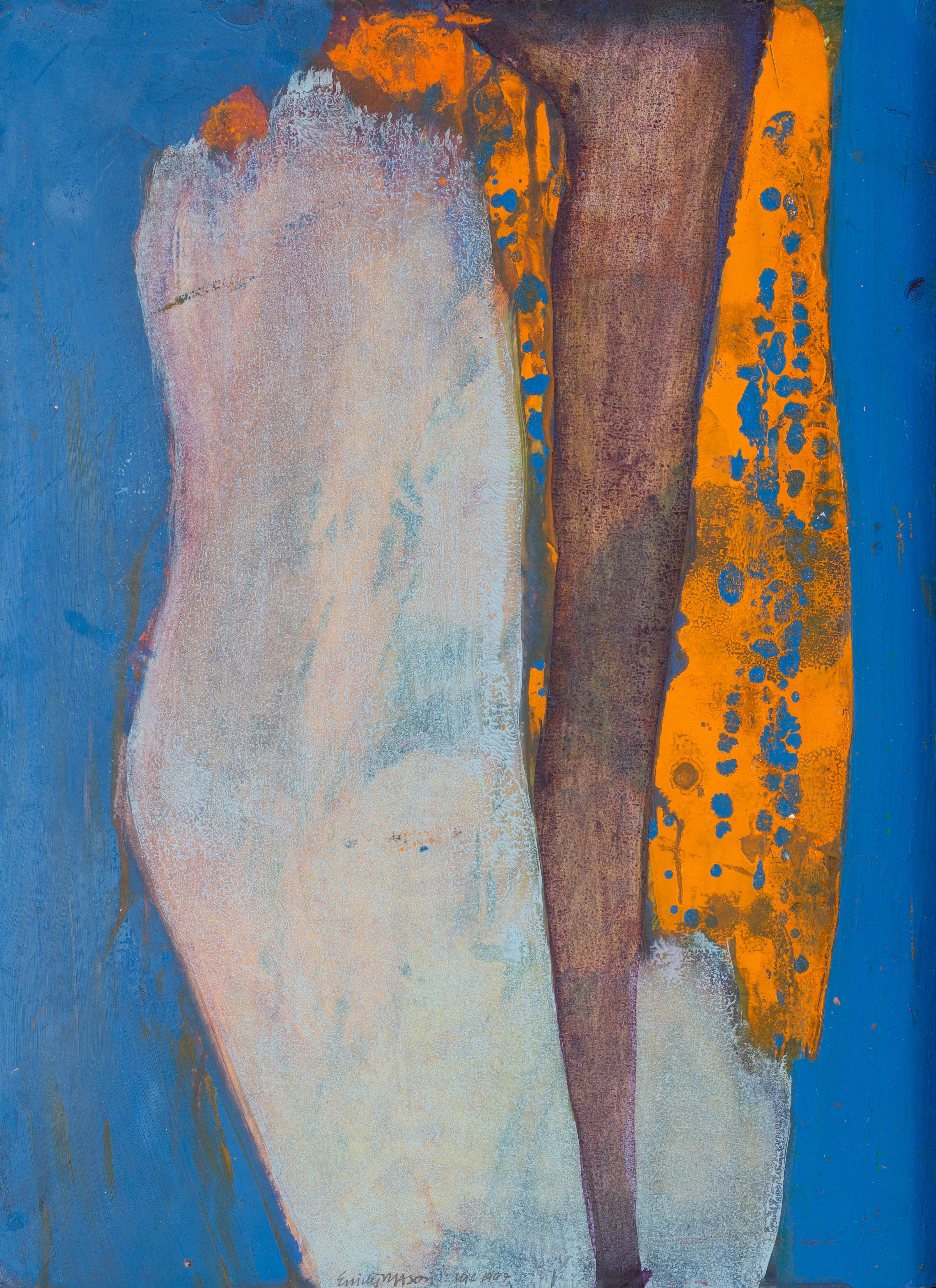 Abstract oil on paper work with a grey, brown, and orange vertical form in the center, and a blue background.