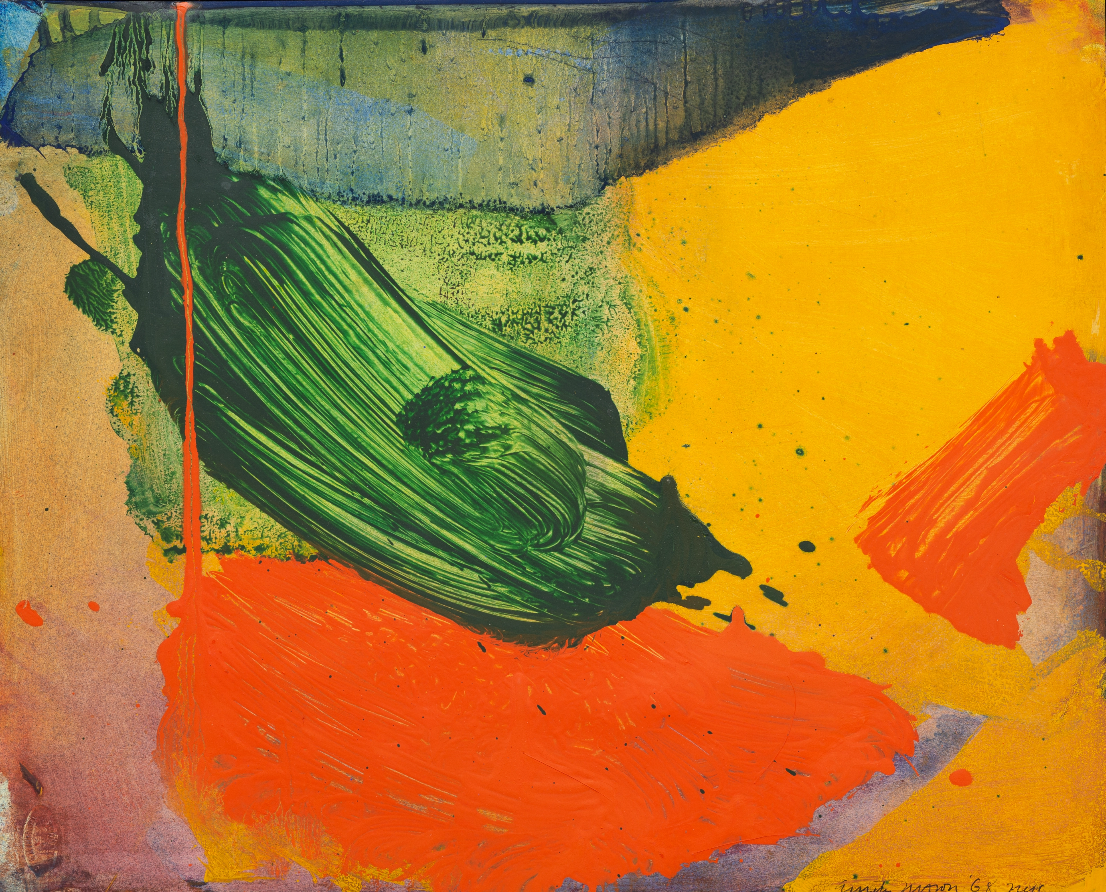 Abstract oil on paper, with yellow and blue fields of color in the background, with large red and green brushstrokes in the foreground.