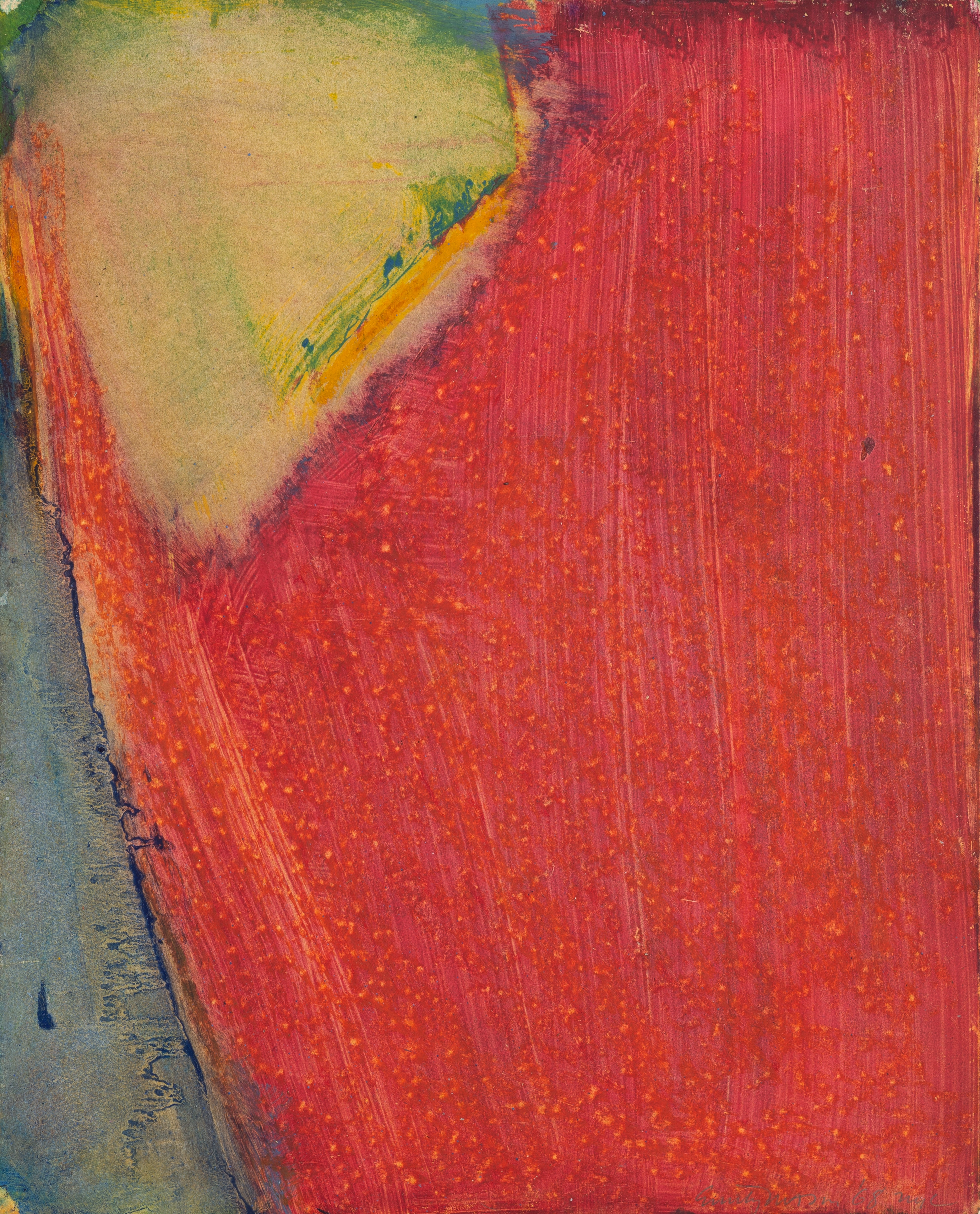 Abstract oil on paper work; a large swathe of red is most of the composition, with a blue wash of color in the bottom left and a light green form on the top left.