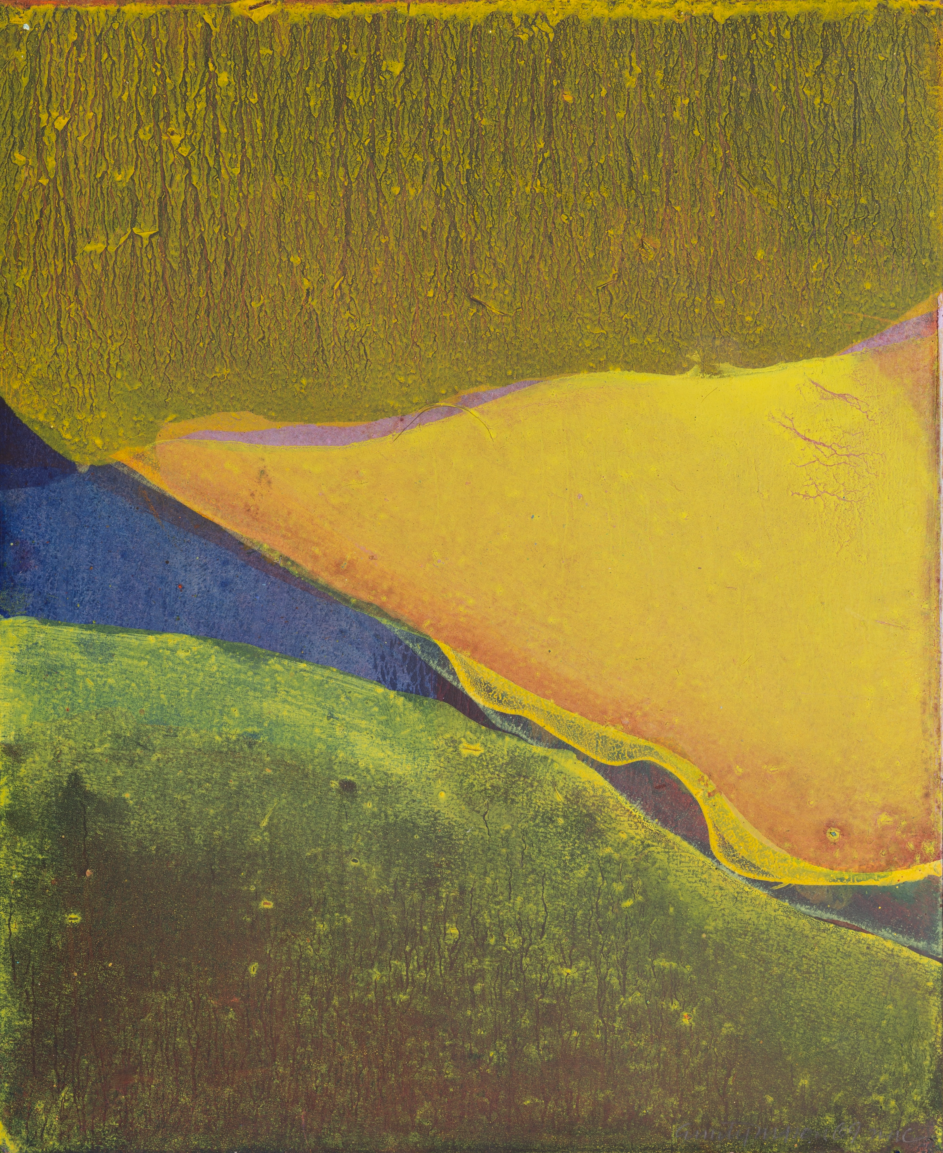Abstract oil on paper work comprised of yellow, green, and blue washes of color.