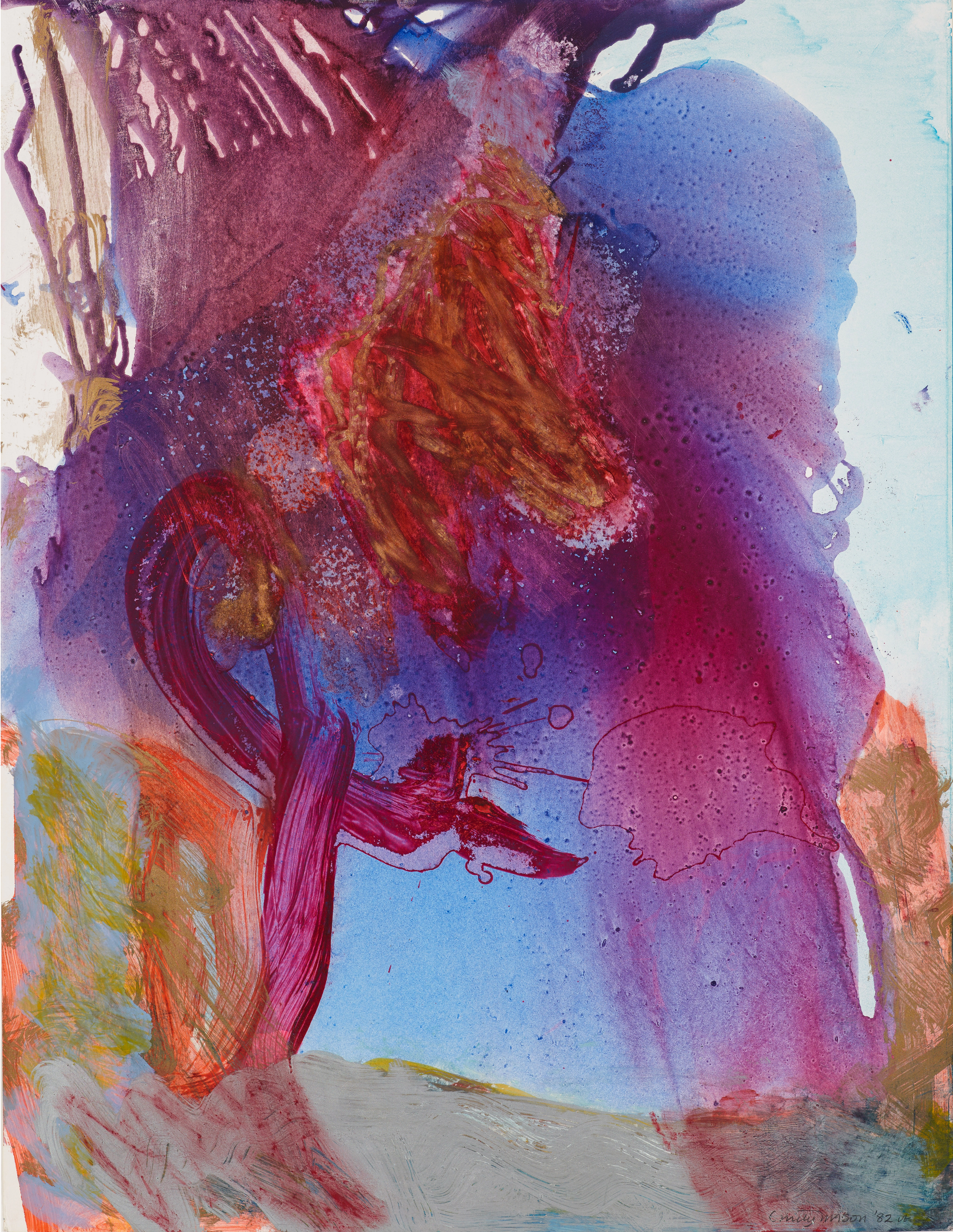 Abstract oil on paper work with bright washes and drips of blue, purple, magenta, and brown.