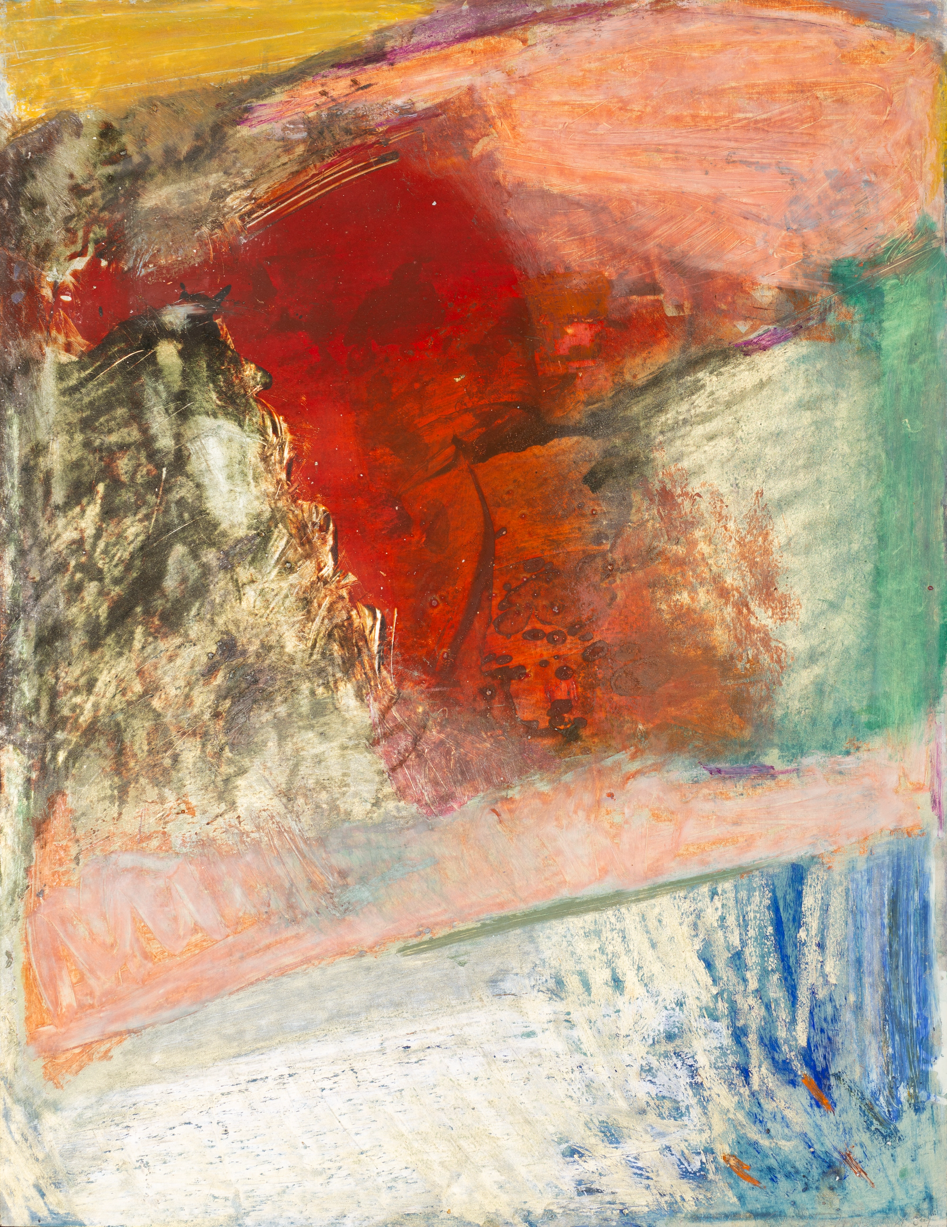 Abstract oil on paper work with white layered over blue, peach, brown, and green colors. A red translucent form is in the center of the canvas.