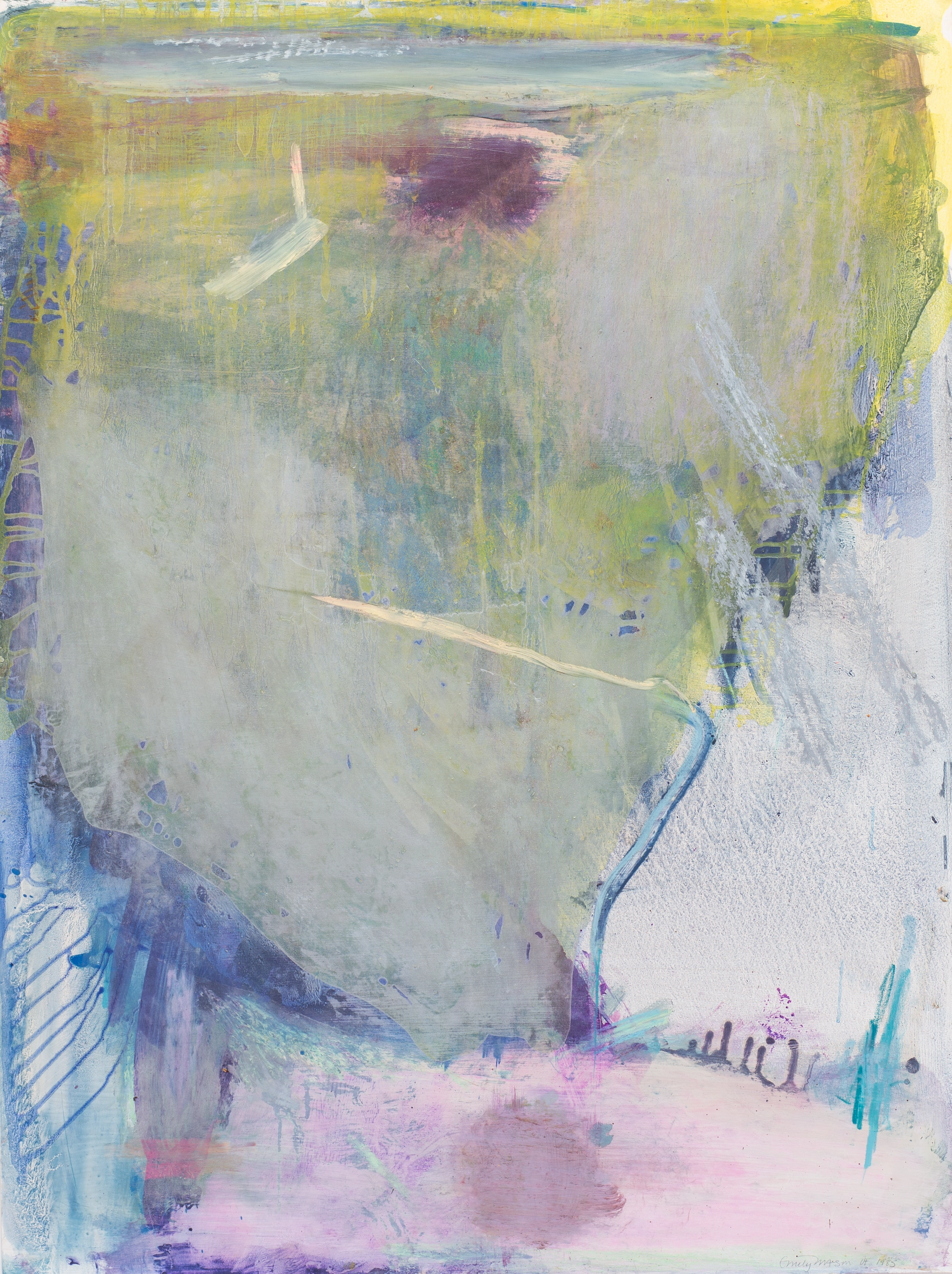 Abstract oil on paper work with greys, purples, pinks and blue drips on top of a green wash of color.