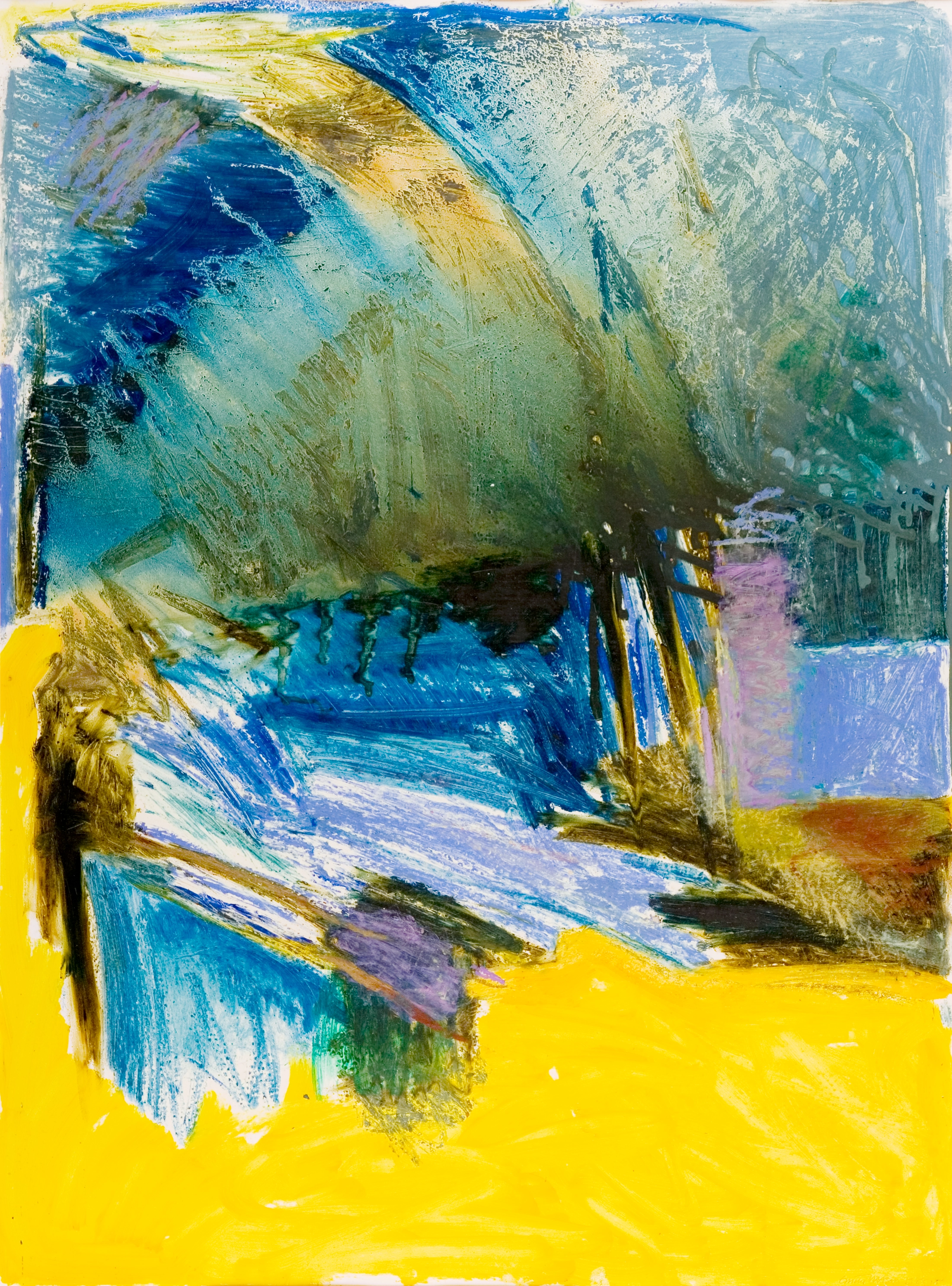 Abstract oil on paper work with energetic gestures of blues, purples, and greens, and a solid yellow area of color on the bottom of the canvas.