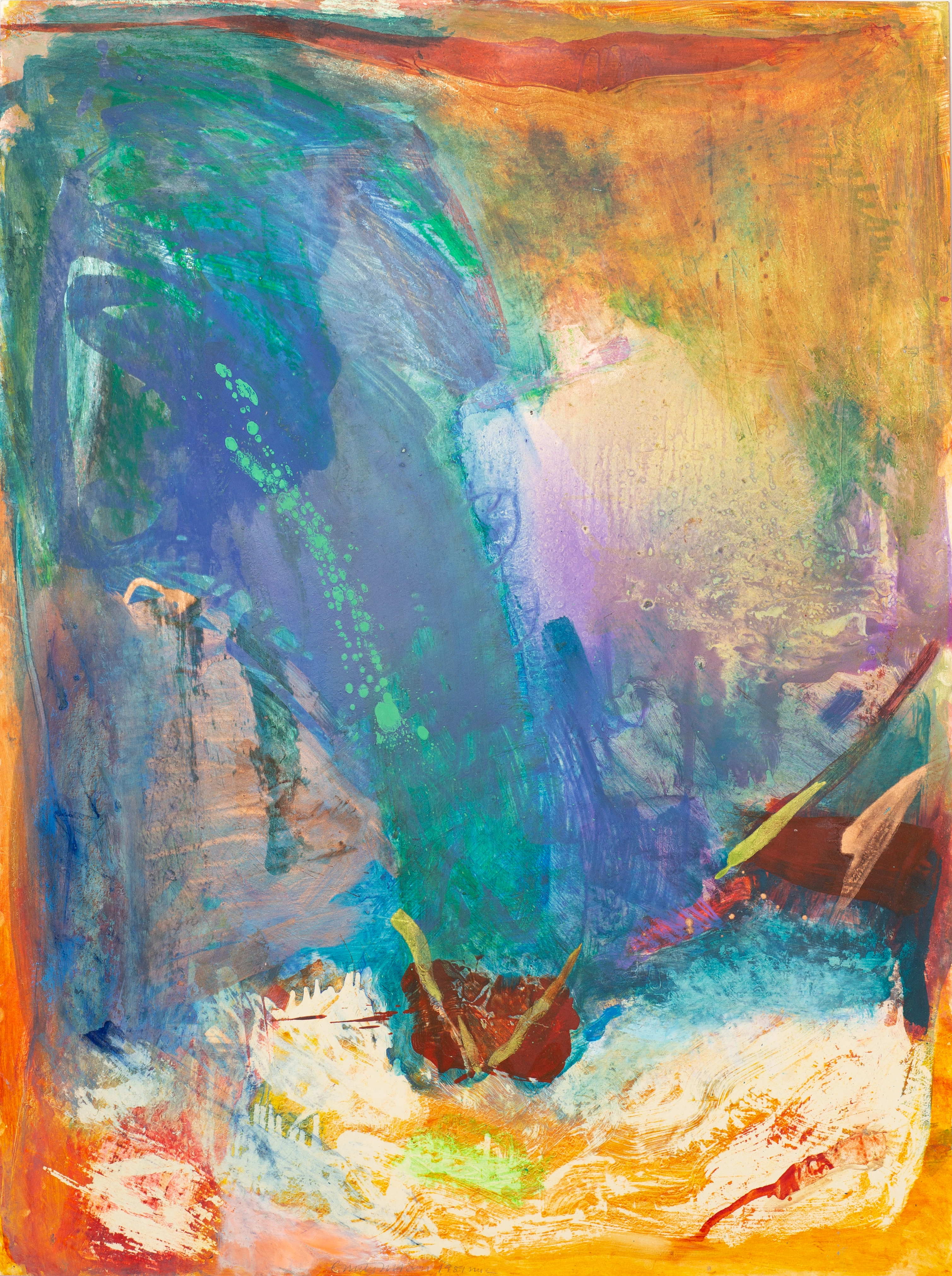 Abstract oil on paper work with brightly colored gestures and marks of blue, green, yellow, orange, and red.