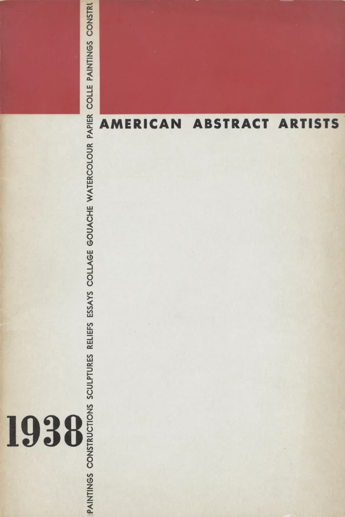 A white book cover with a red horizontal rectangle at the top. Black text reads: "American Abstract Artists: Paintings, constructions, sculptures, reliefs, essays, collage, gouache, watercolor, paper, collection paintings, 1938."