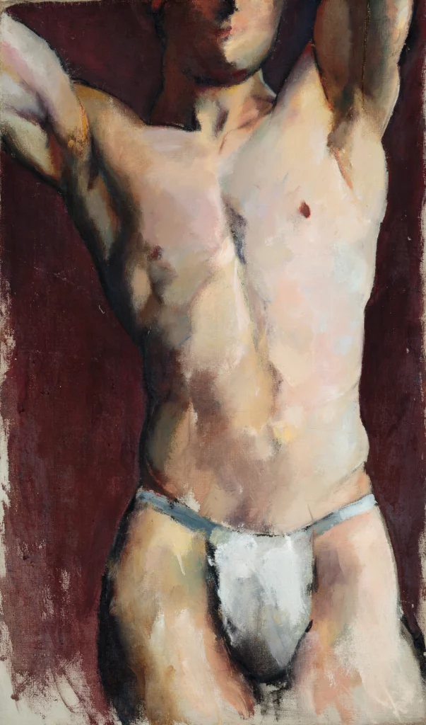 Oil on canvas painting of a man's torso with a beige skin tone adnd burgundy background.