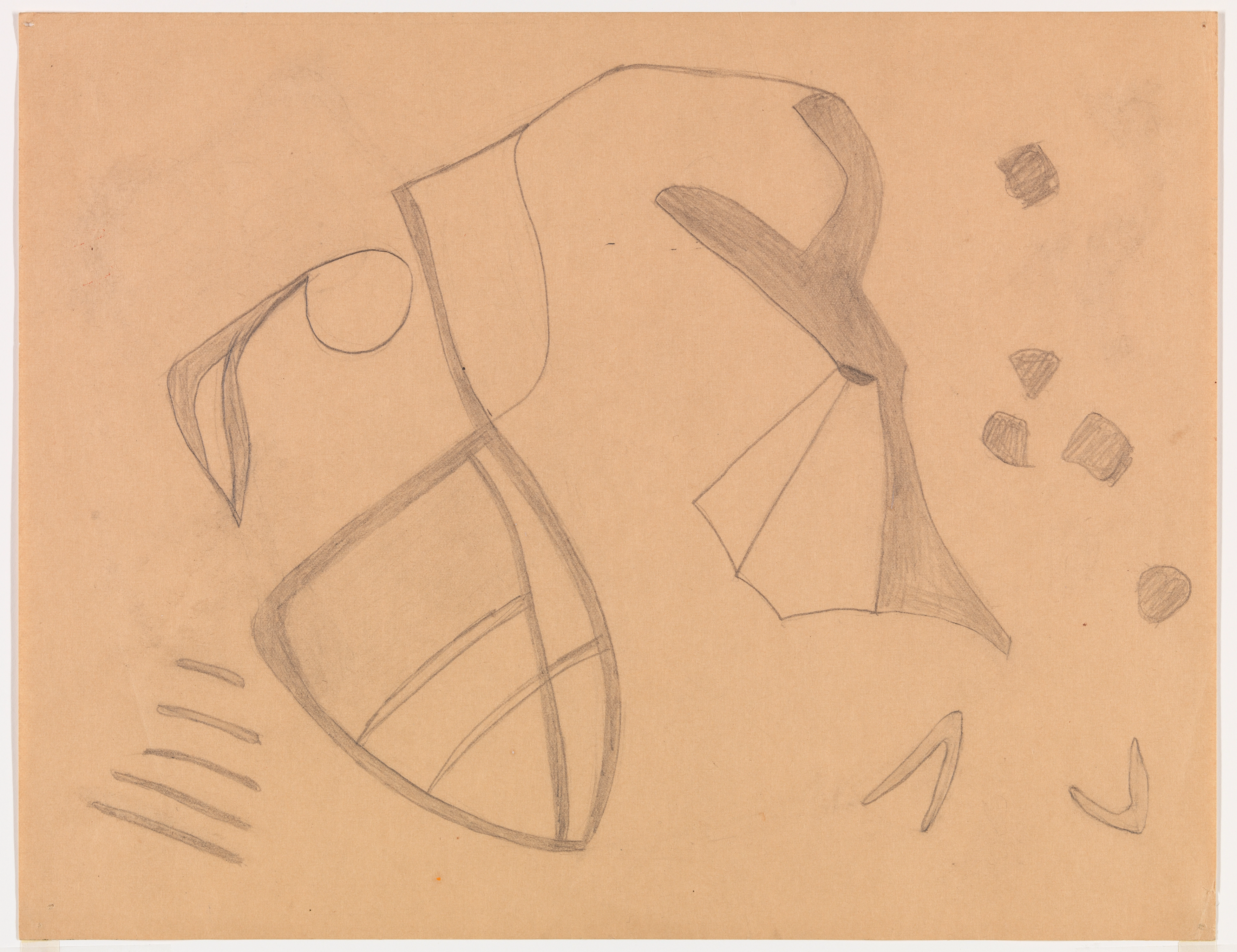 Abstract pencil drawing on sepia-toned paper of linear and biomorphic forms.