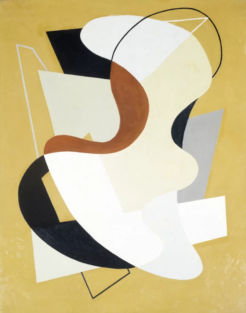 Abstract oil on canvas painting of a biomorphic form comprised of neutral colors in the center, and a yellow-ochre background.