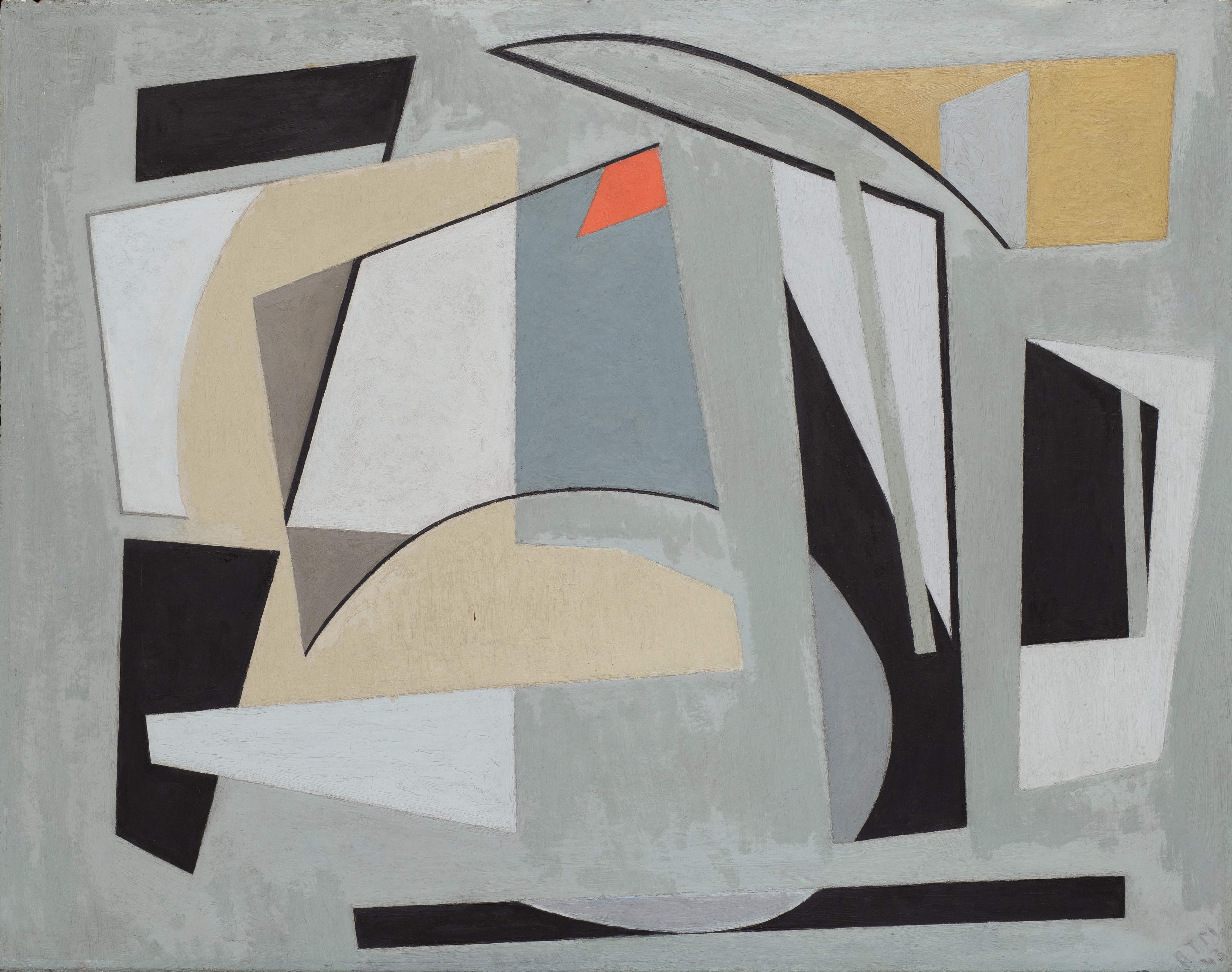 Abstract oil on masonite painting of curved and linear lines, creating both biomorphic and geometric forms. The dominant color is light grey, with white, black, dark grey, and yellow-beige forms.