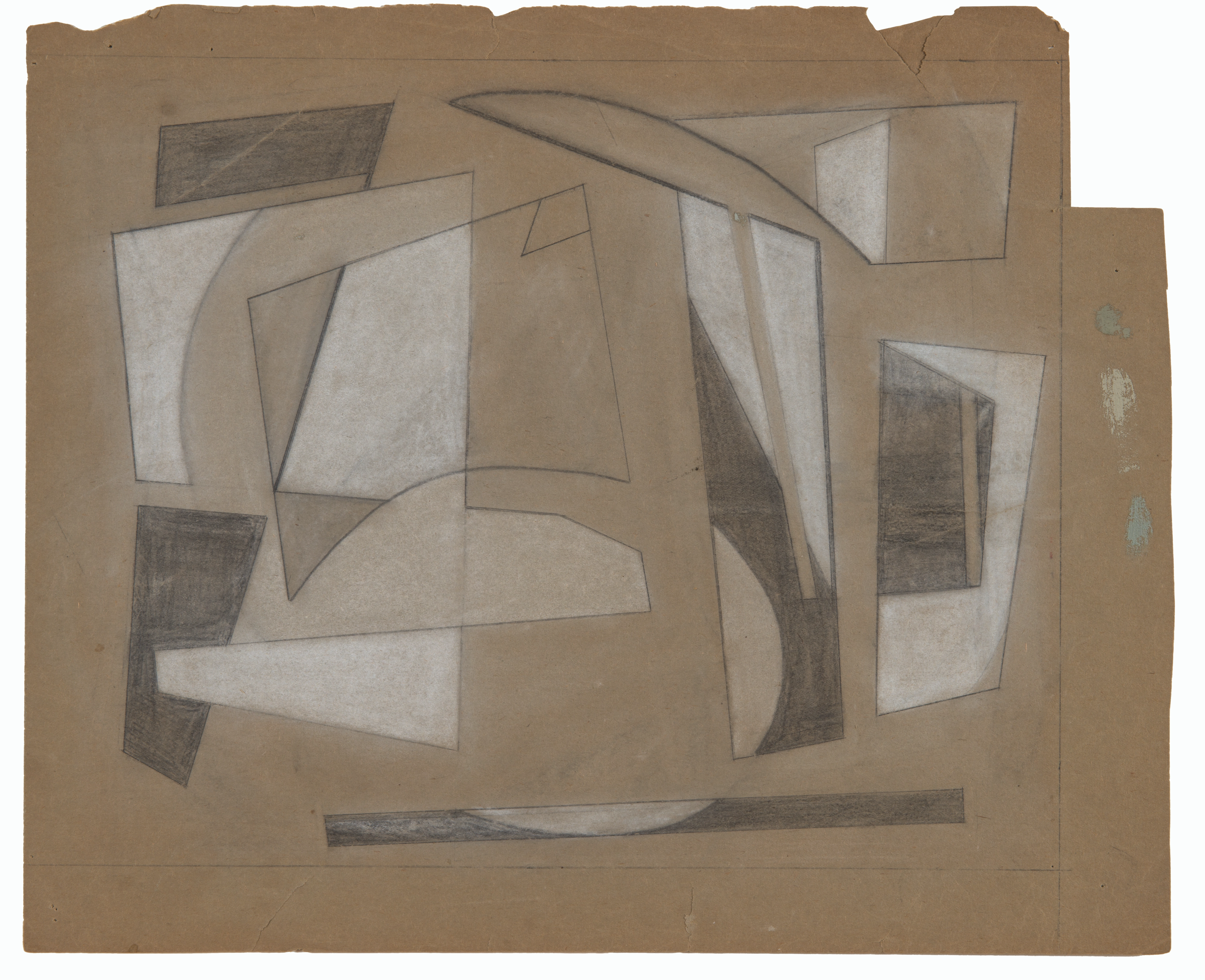 Abstract drawing with graphite and pastel on dark, asymmetrical brown paper, comprised of geometric and linear forms.