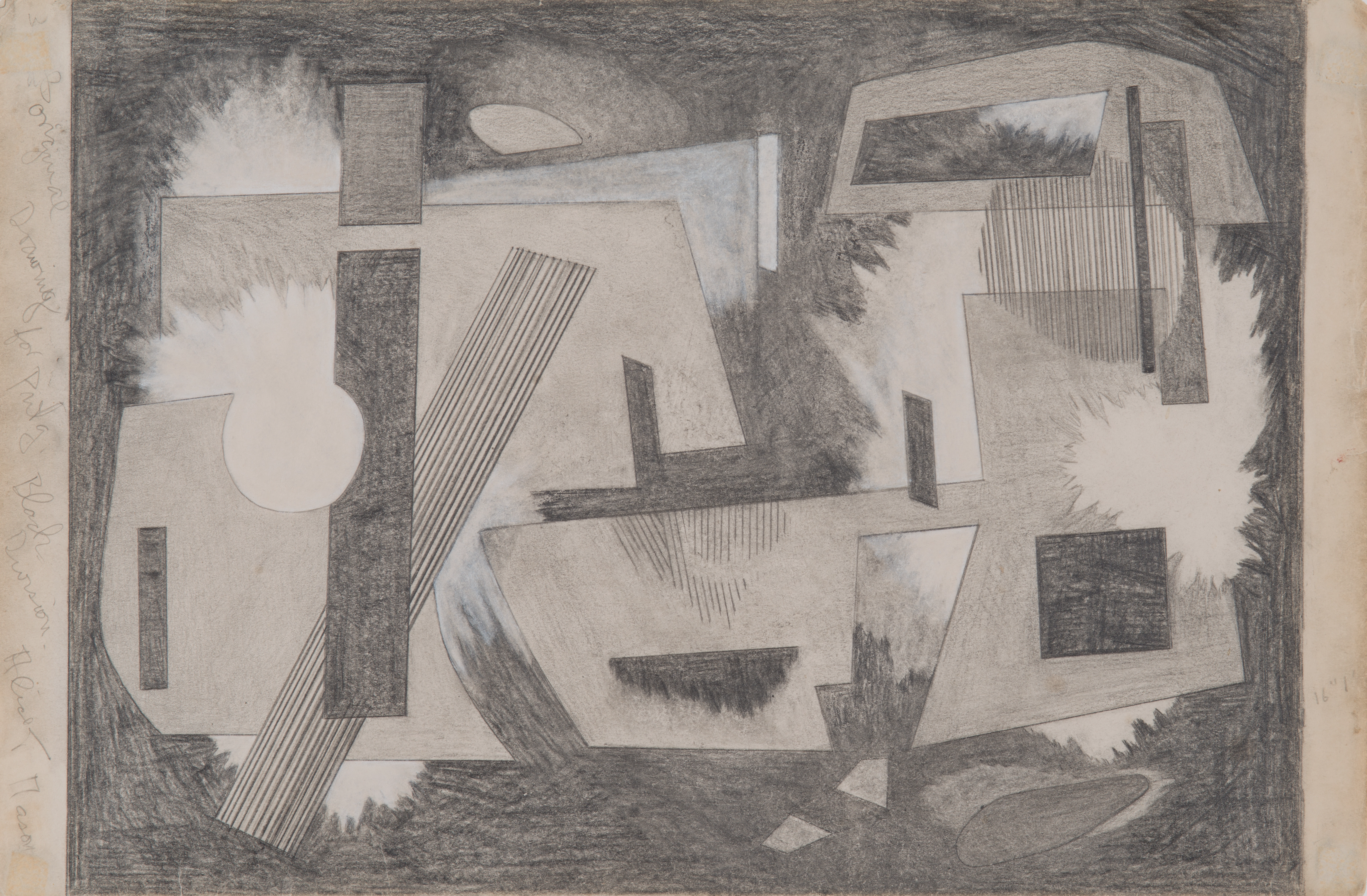 Abstract pencil drawing of linear forms, shaded with varying tones of grey. Areas of the composition are punctuated with burst-like white forms.