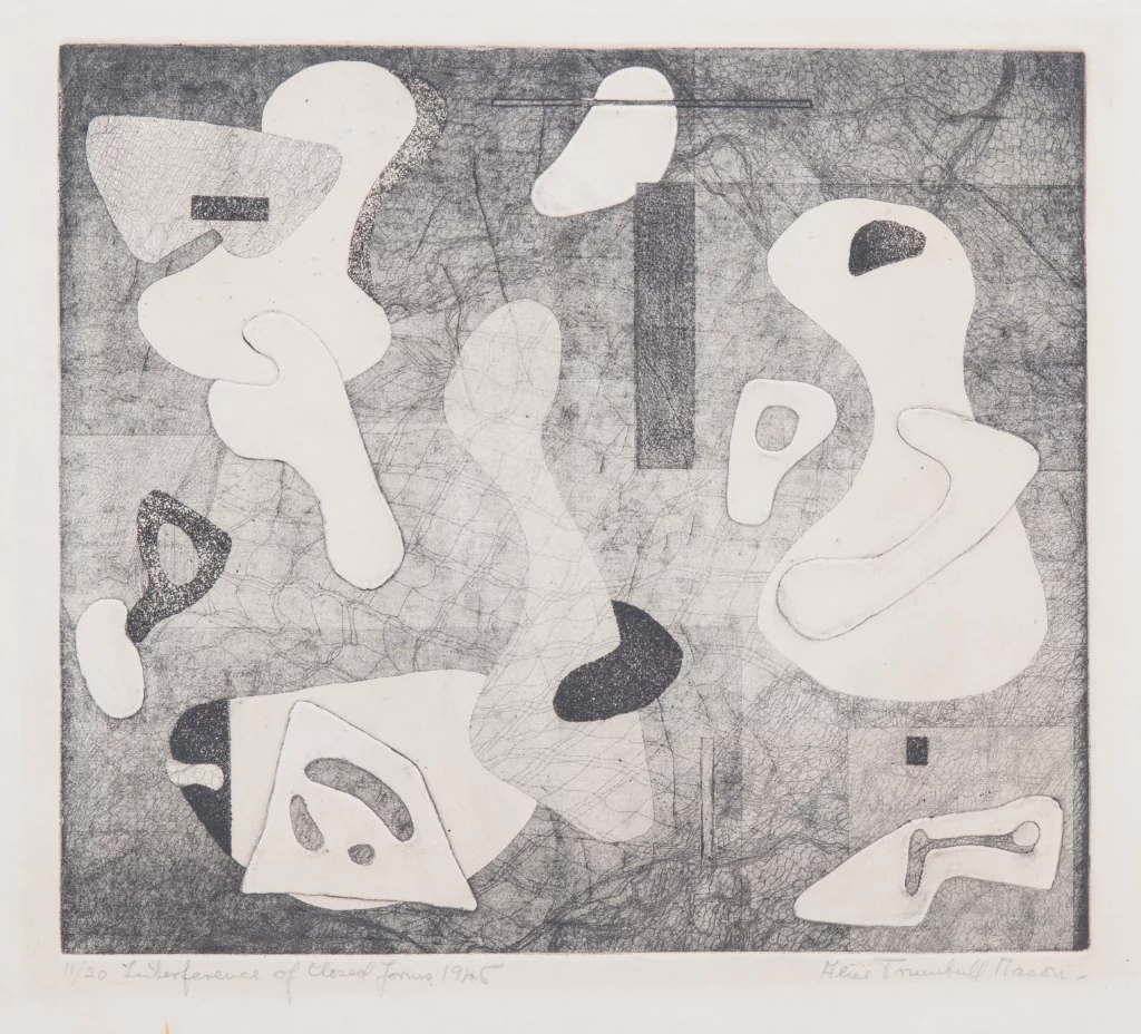 Etching on paper of biomorphic forms, created using white and various grey tones. The background has a net-like quality to the surface/line work.