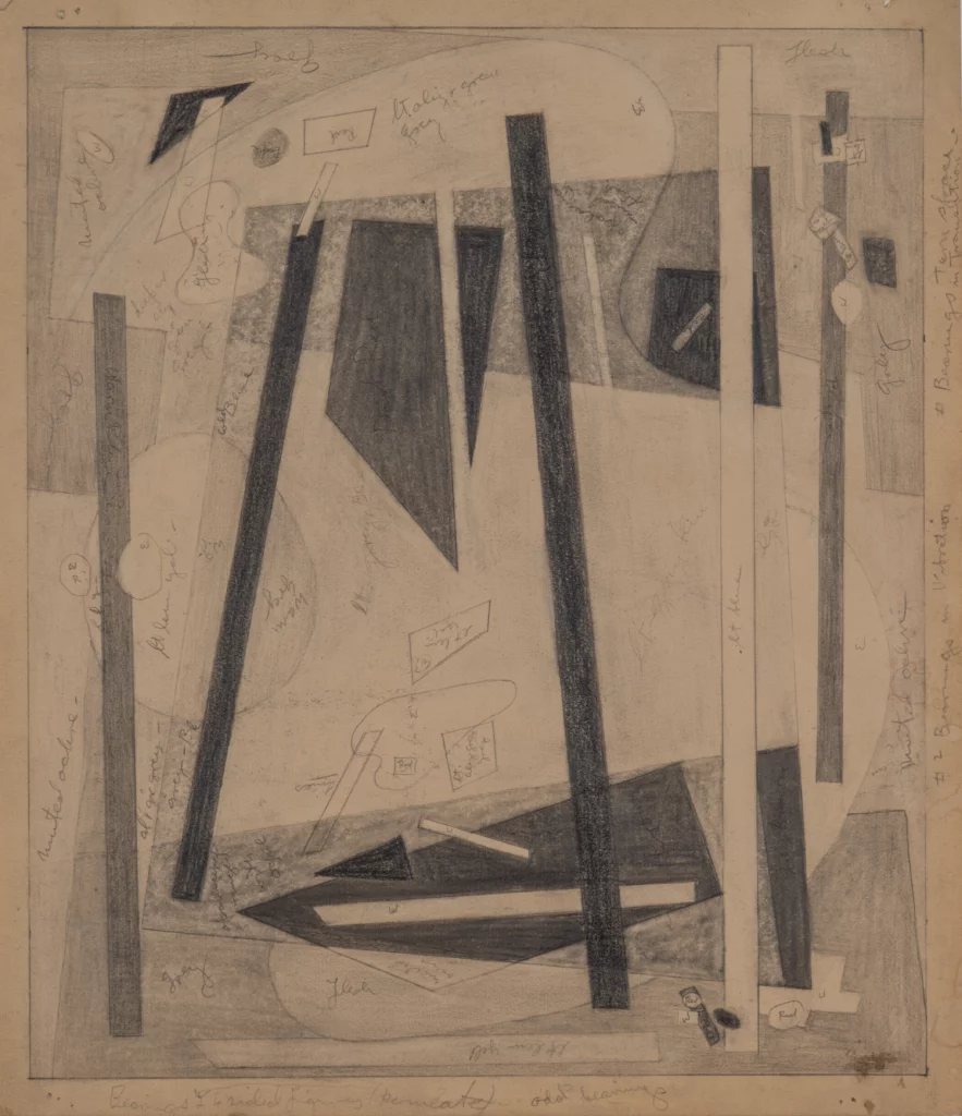 Pencil on paper drawing on aged paper of abstract geometric forms.
