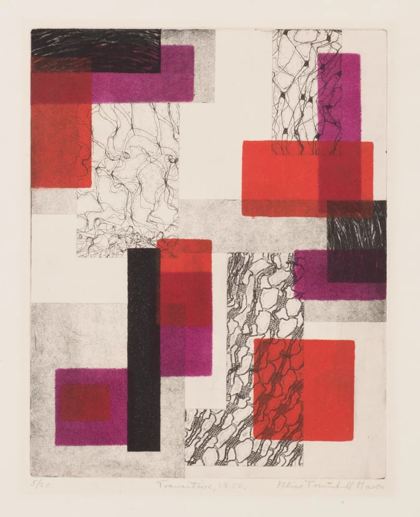 Abstract etching consisting of red, pink, purple, and black rectangles, as well as rectangles filled with web-like lines, on white paper.