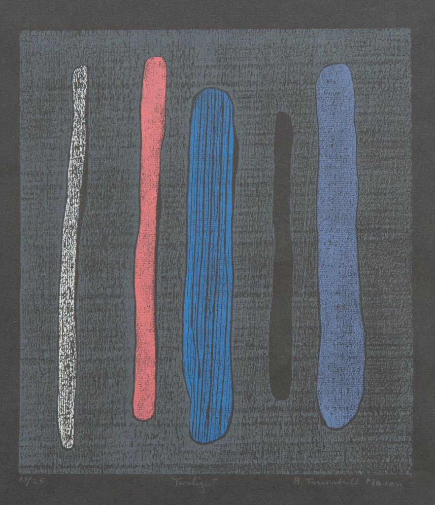 Woodblock print of five, thin, oblong vertical forms on a black background. The color of the forms from right to left are white, dark pink, navy blue, black, and a dark periwinkle.