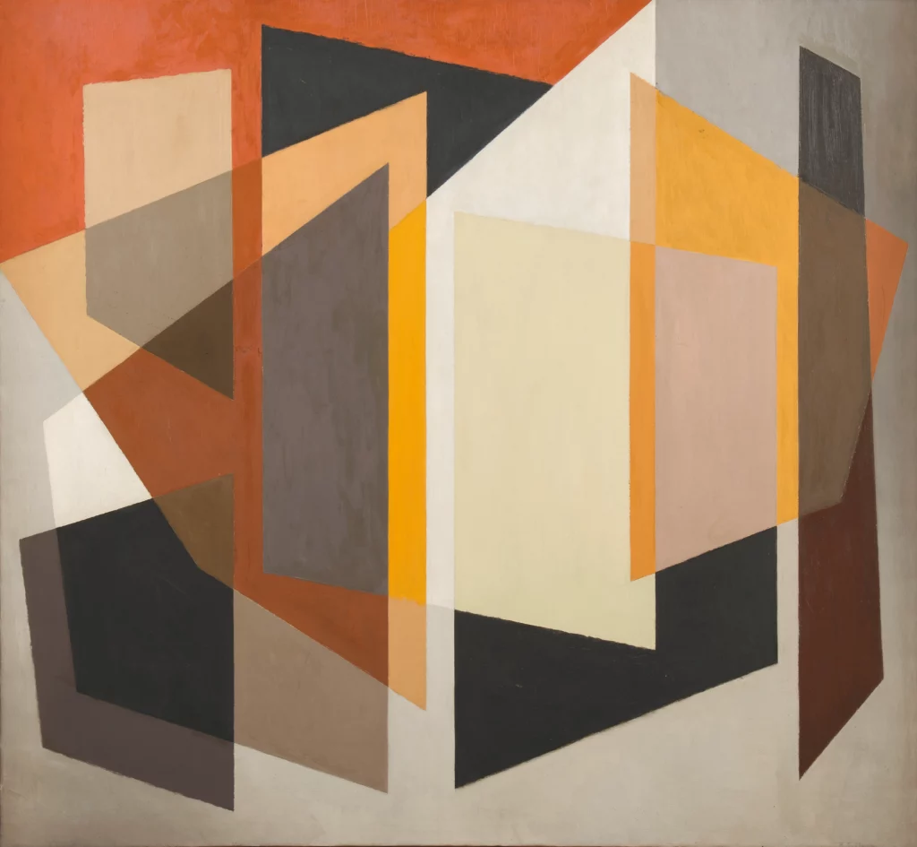 Abstract oil on canvas painting comprised of slanted, overlapping geometric forms of whites, oranges, greys, and beiges.
