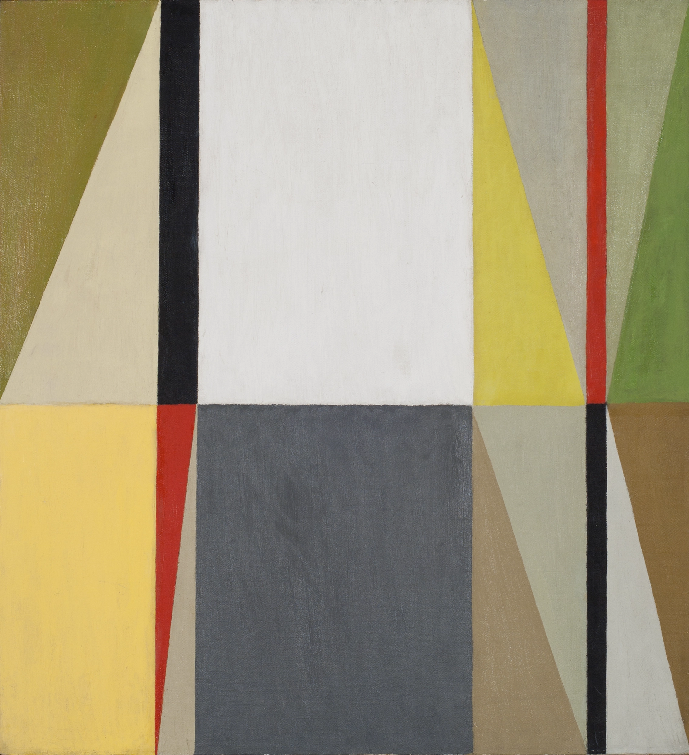 Abstract oil on canvas painting, comprised of yellow, white, grey, green, and brown triangles and squares, as well as thin black and red rectangles, These forms are blocked together and create a grid-like composition.