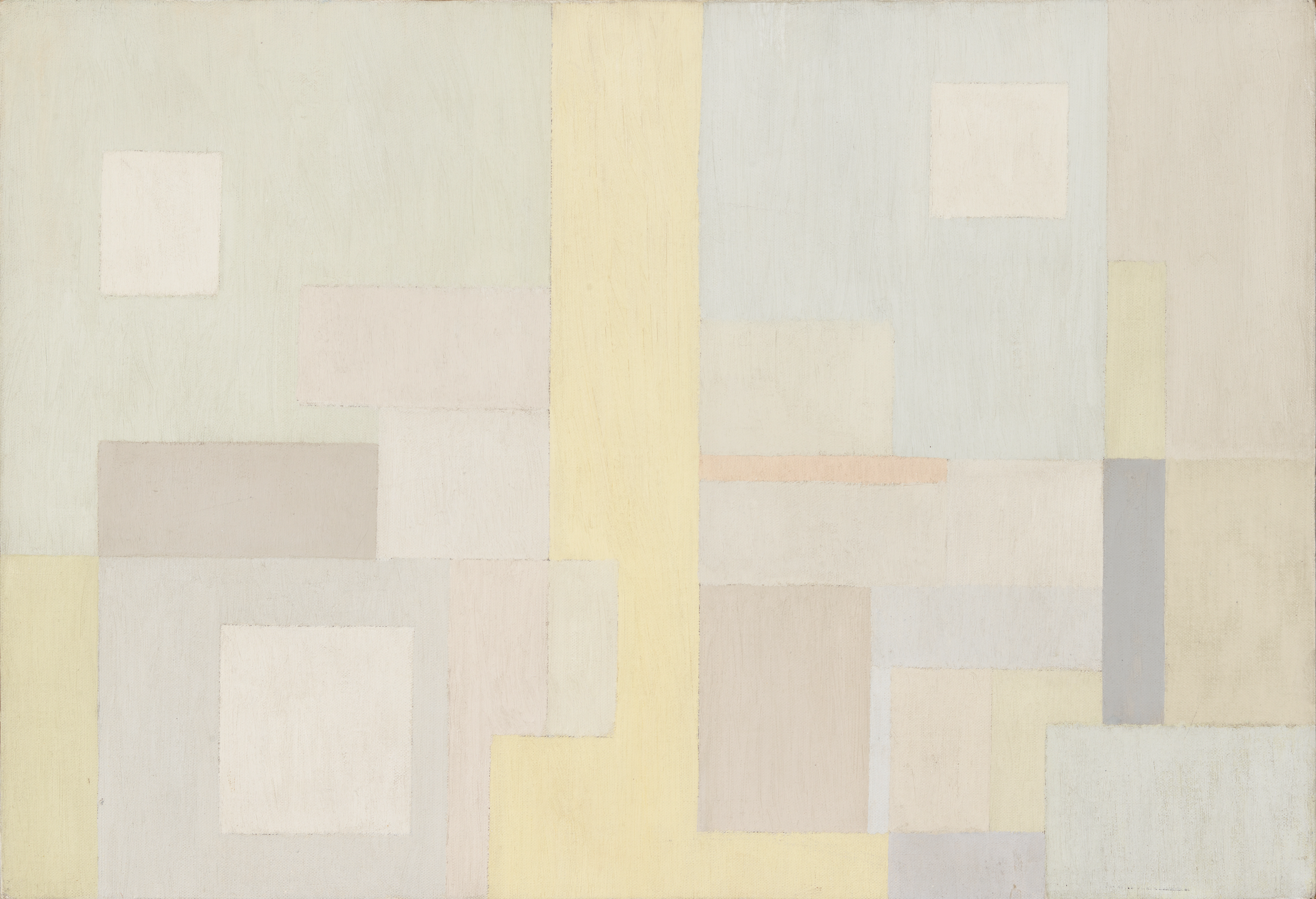 Abstract oil on canvas painting, comprised of layered squares and rectangles that are light, muted tones of grey, beige, yellow, and white.