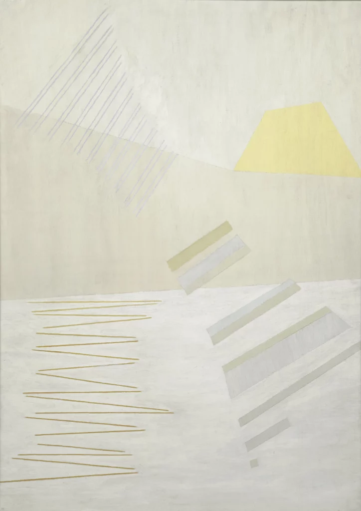 Abstract oil on canvas painting comprised of white and grey geometric lines and forms, with a half-circle of yellow in the upper right corner.