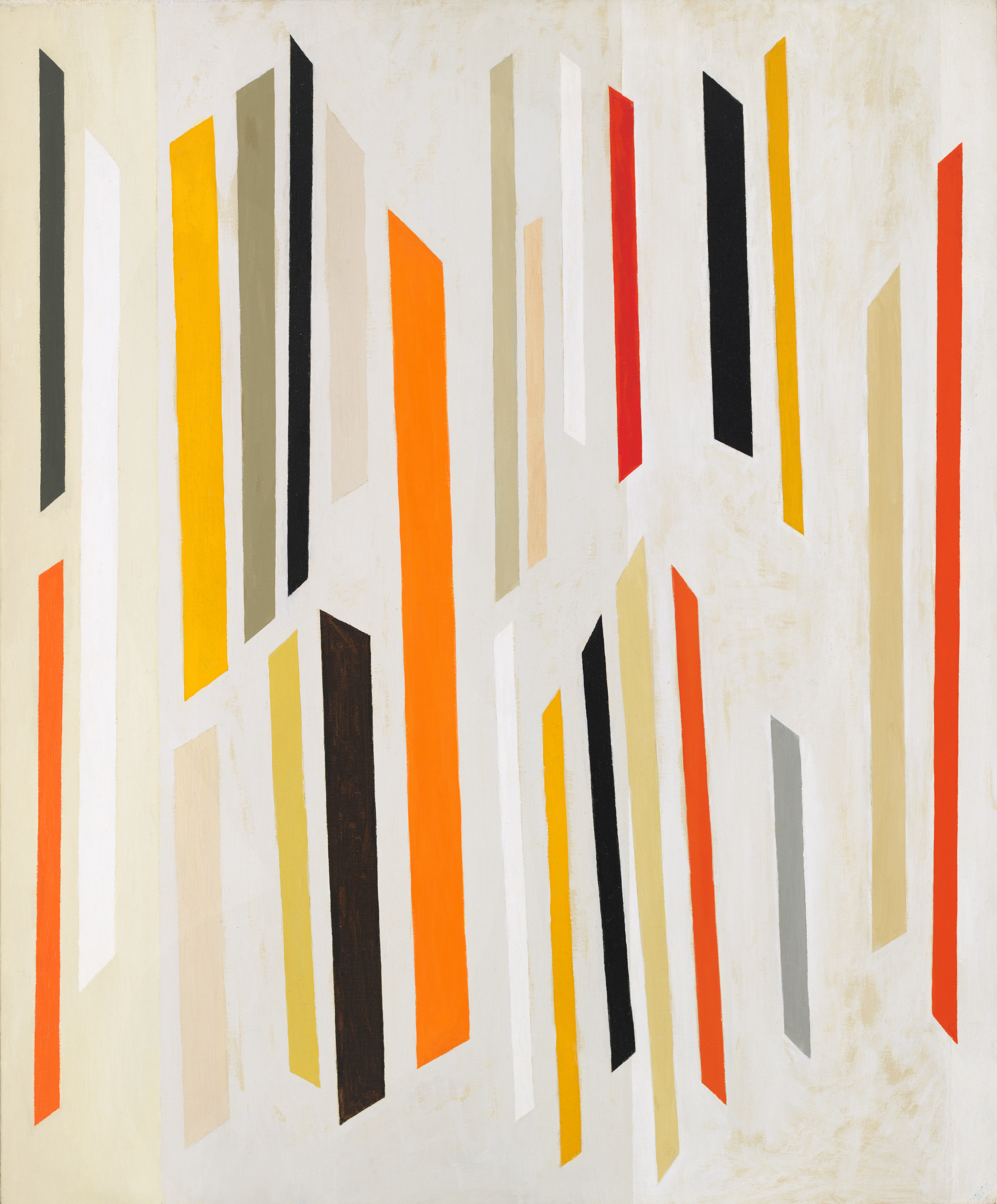 Abstract oil on canvas painting, comprised of thin, slanted rectangles on a light white/cream background. The colors of the rectangles are bright variations of reds, oranges, greys, pinks, black, and white.