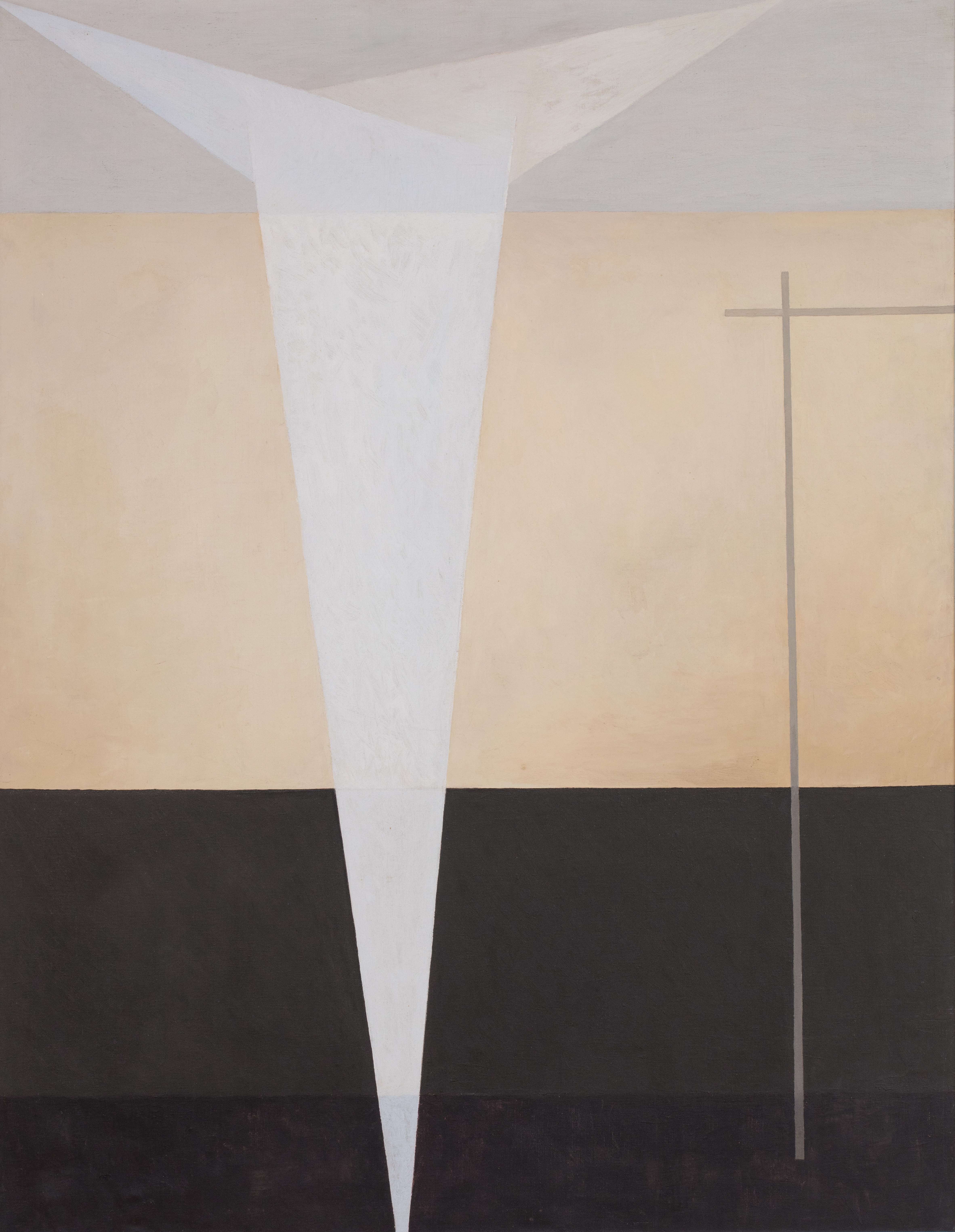 Abstract oil on canvas painting; the background is three horizontal thick stripes of grey, beige, and black. In the foreground is a form made of three white triangles, which make a "T" shape, as well as two thin lines which intersect to make a smaller "t" shape on the right.