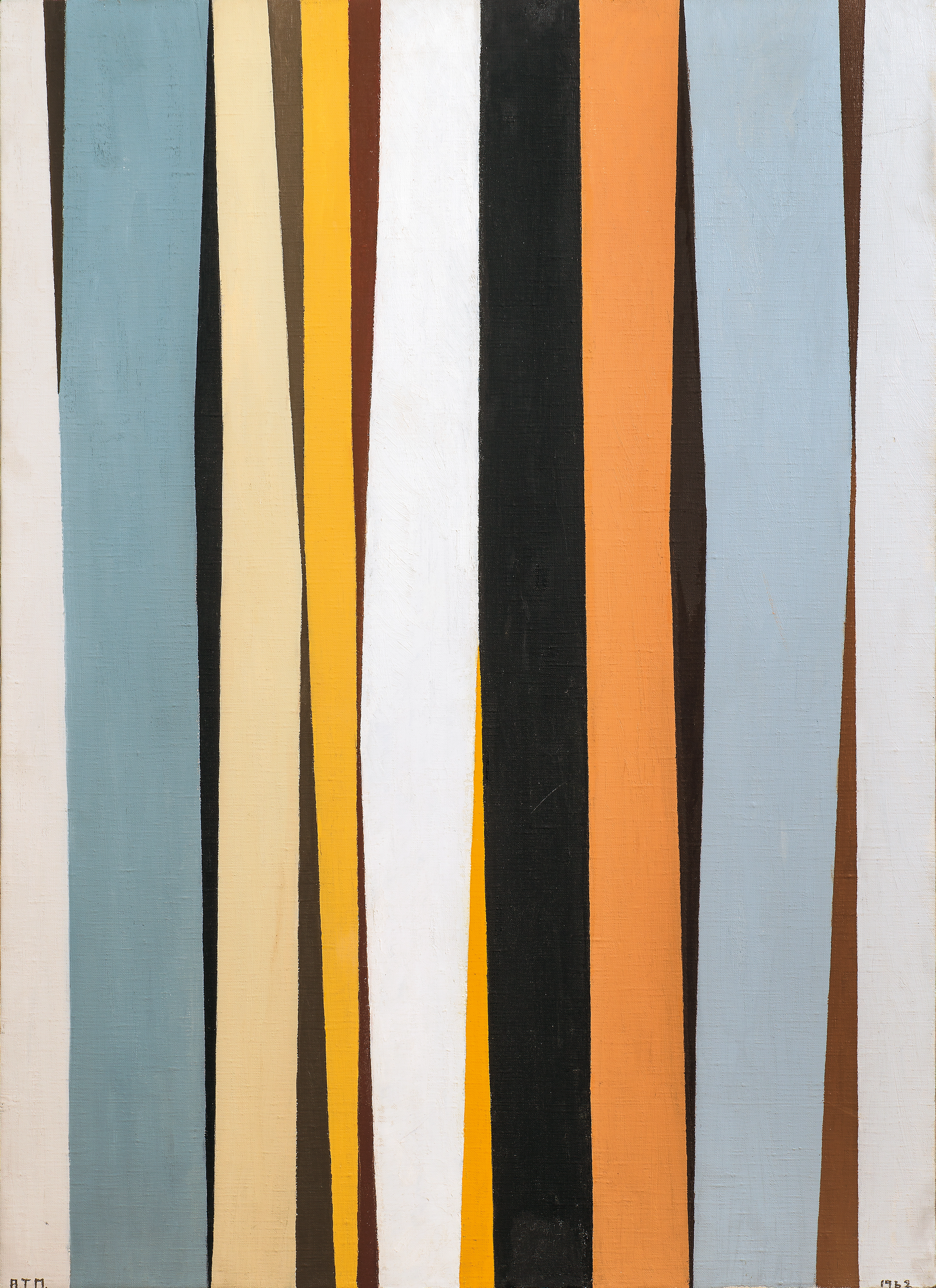 Oil on canvas painting of vertical light blues, yellows, oranges, browns, white and black bars, made of varying thicknesses.