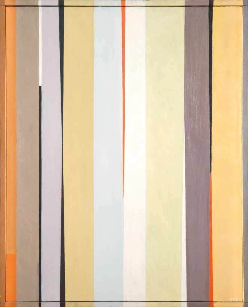 Abstract oil on canvas painting of vertical rectangles and line of varying thicknesses. The colors are orange, muted yellow, grey, light blue, light purples, black, and white.