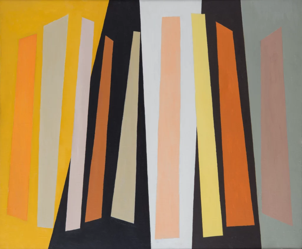 Abstract oil on canvas painting comprised of slanted, slender, vertical rectangles of oranges, peaches, beiges, and yellow against a background of thicker, slated rectangles of yellow, grey, black, and white.