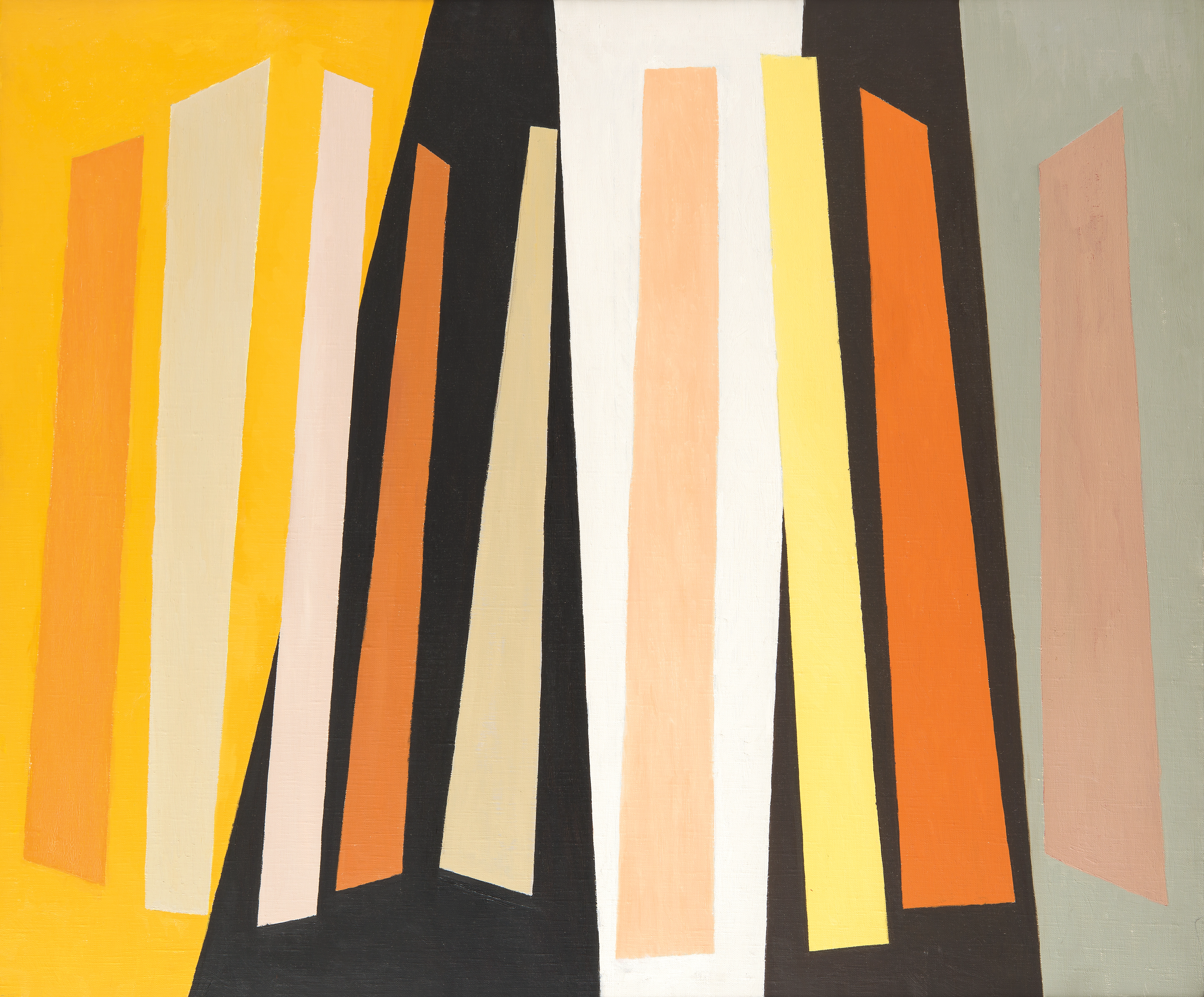 Oil on canvas painting of slightly skewed vertical bars made of varying orange and yellow tones. The bars are on top of a background that is split into 5 colors from left to right — yellow, black, white, black, and grey.