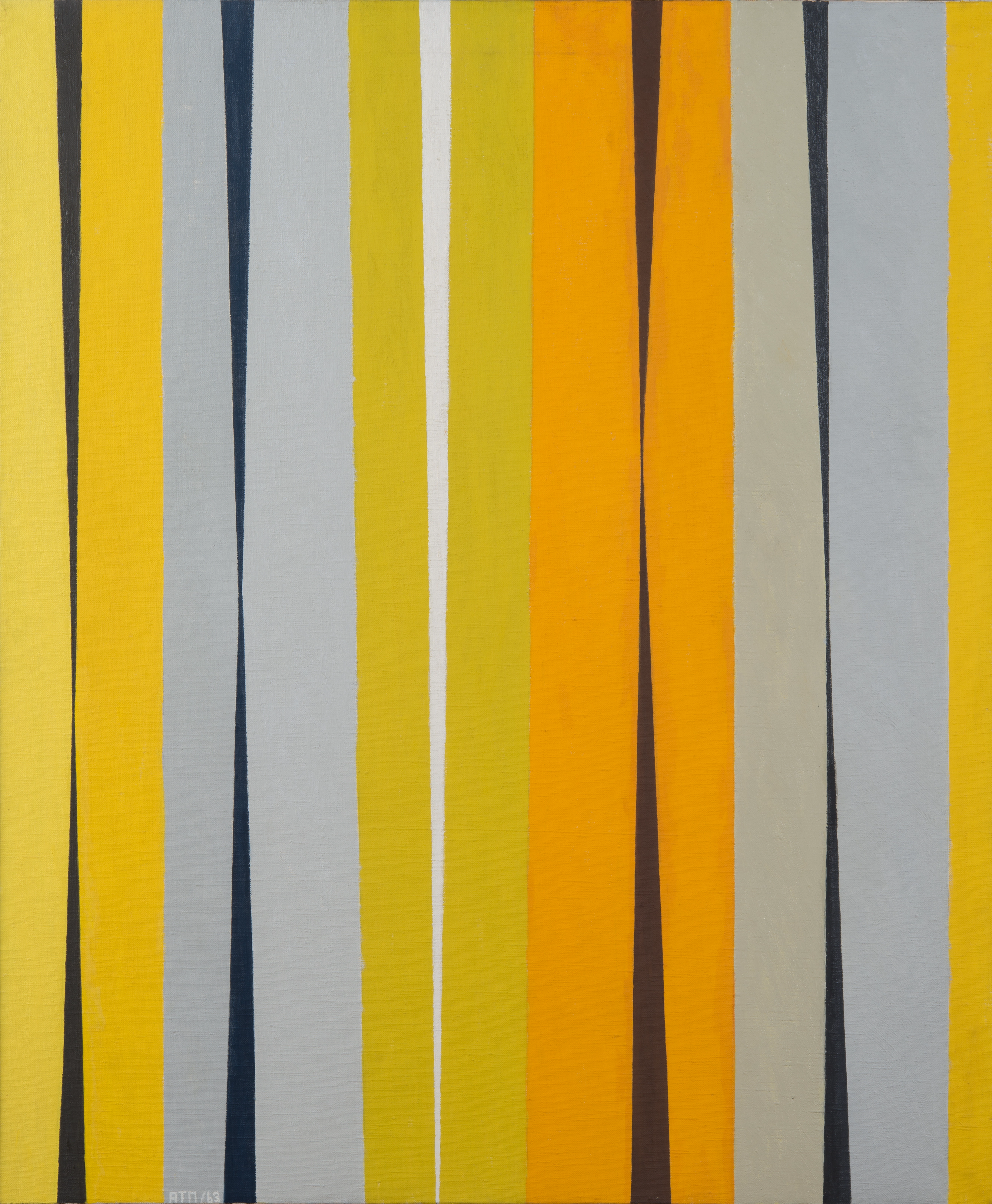 Abstract oil on canvas painting, comprised of yellow, orange, and grey/blue grey vertical stripes, with thin black lines between them. One thin white lines appears between the blocks of color near the center of the composition.