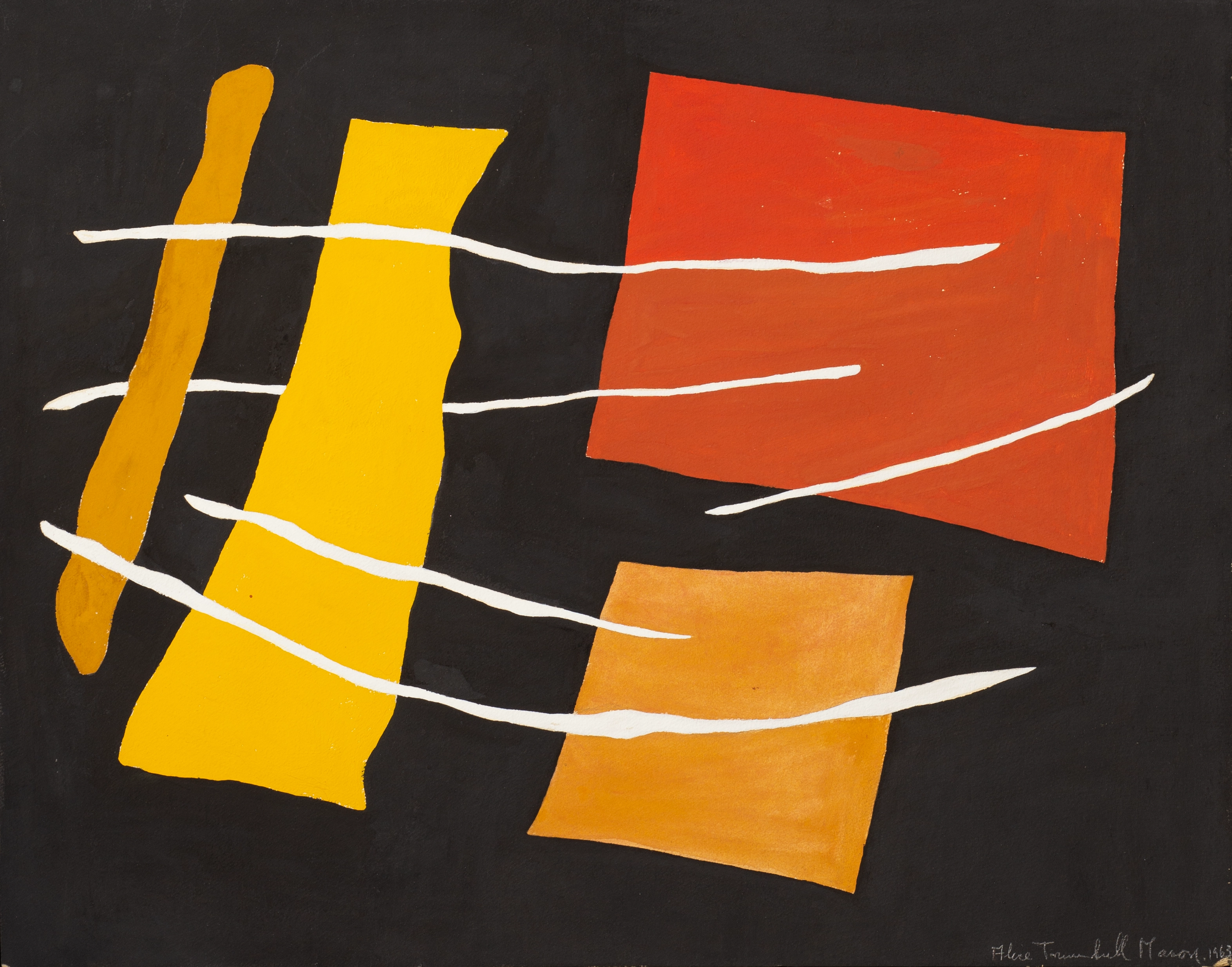 Gouache on paper with a black background and four organic shapes; one red, one yellow, and two orange. Slightly curved, horizontal white lines move between the front and back of these shapes.