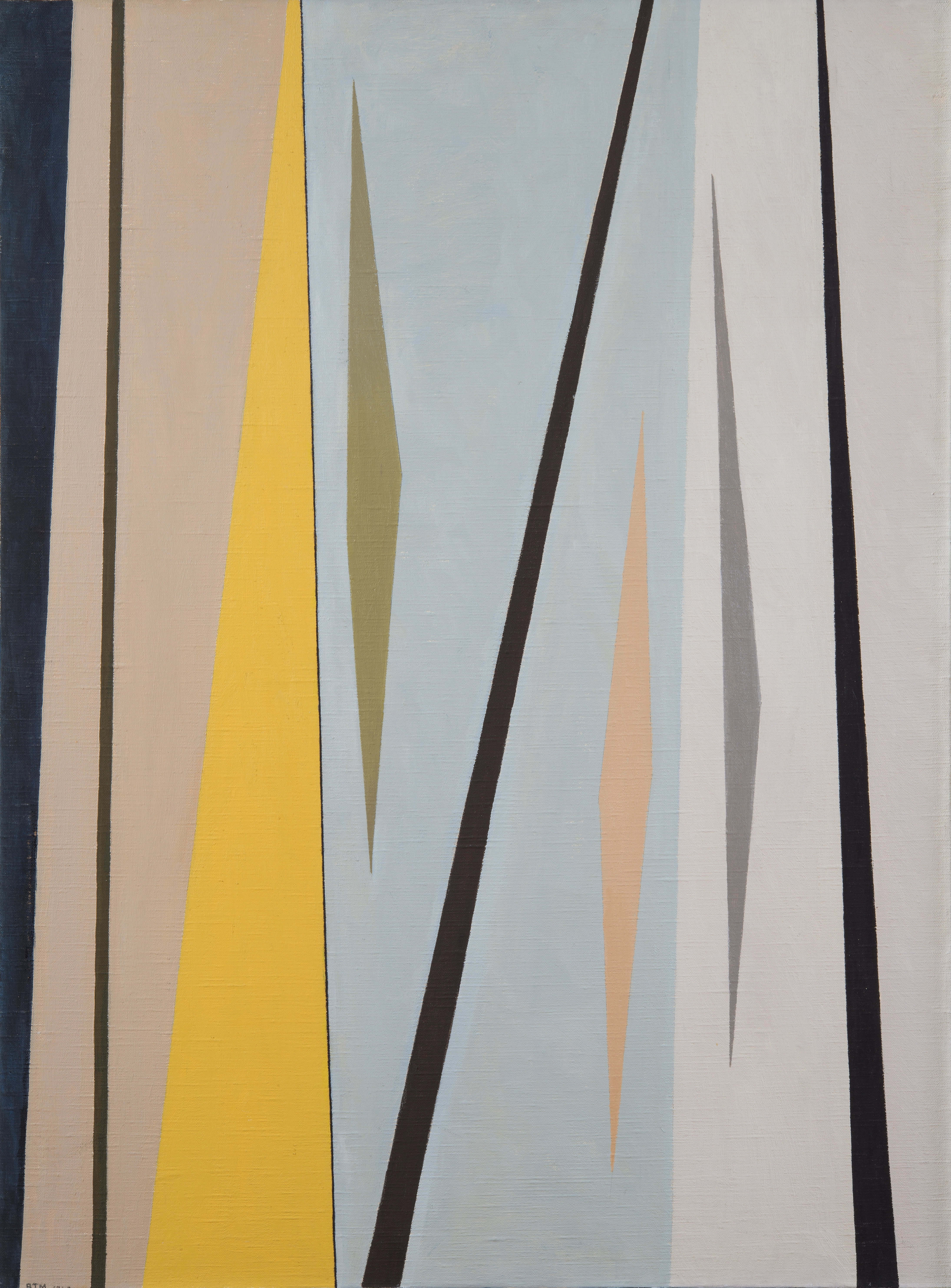 Abstract oil on canvas painting, comprised of thick vertical bands of light blue, light grey, beige, and a yellow triangle. Throughout the composition, there are thin black diagonal lines, as well as three diamond shapes (grey, pink, and a muted green).