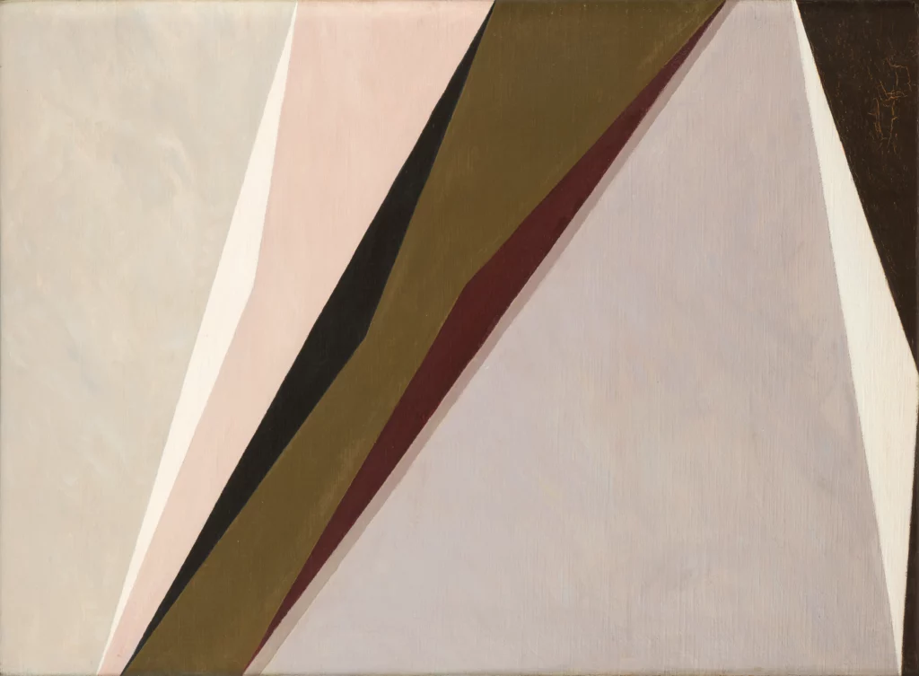 Abstract oil on canvas painting comprised of diagonal lines which create triangular shapes the dominant colors are mauve, light peach, grey, and browns, with slender forms of black, white, and red-purple.