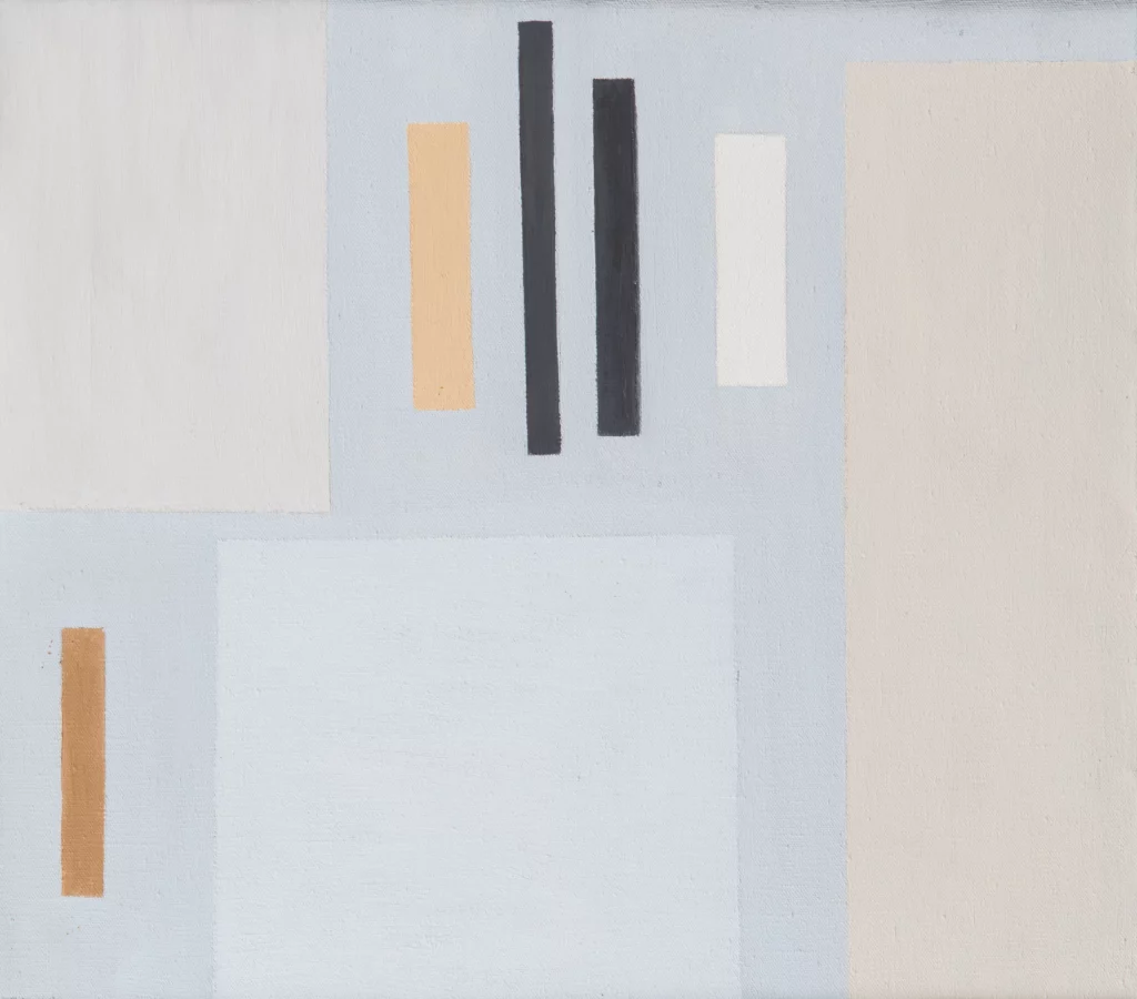 Abstract oil on canvas painting, comprised of neutral beiges, white, browns, and blue-grey squares and rectangles. There are two slender, small black rectangles at the top center of the composition.