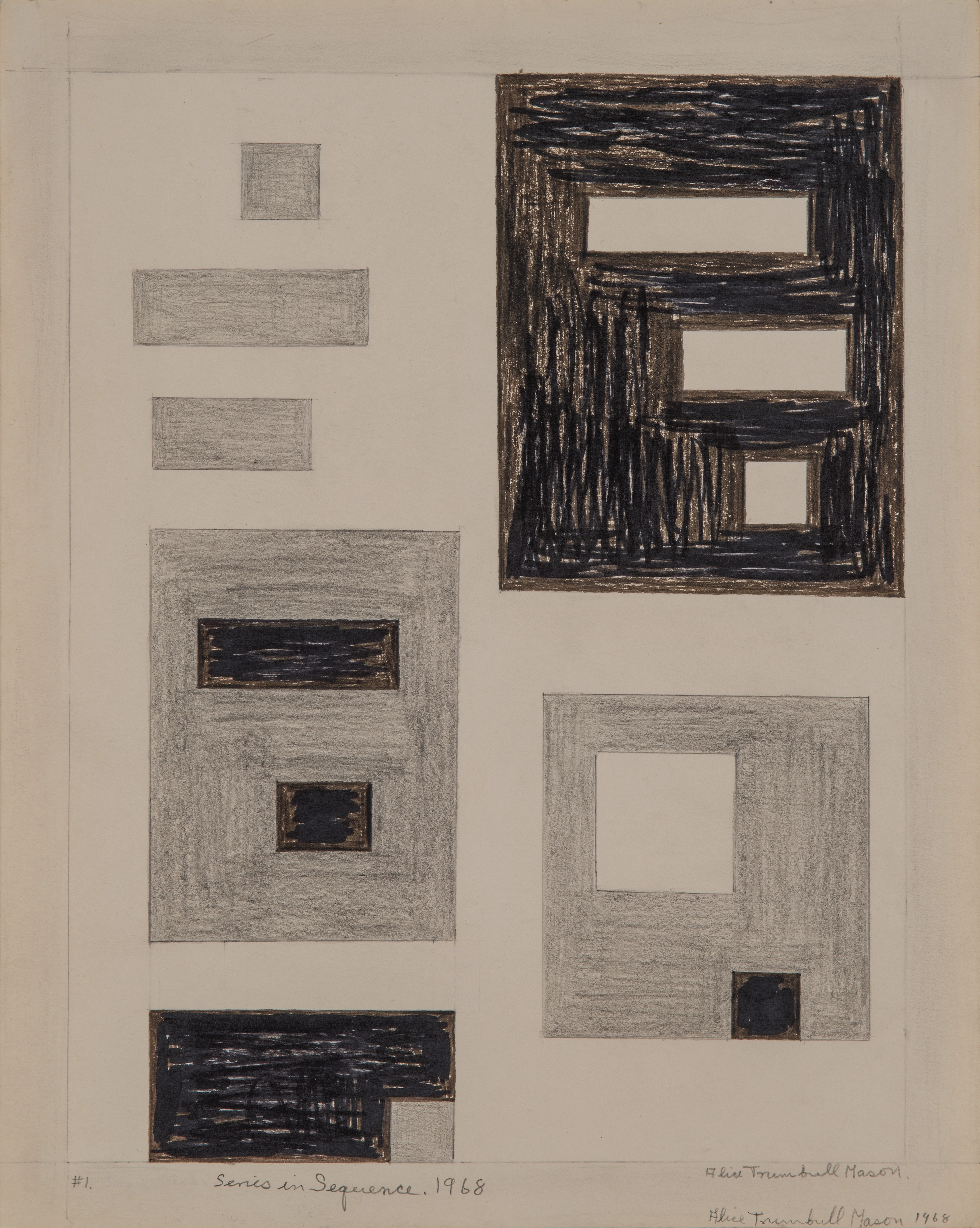 Abstract drawing with graphite on paper, comprised of black, grey, and white squares and rectangles.