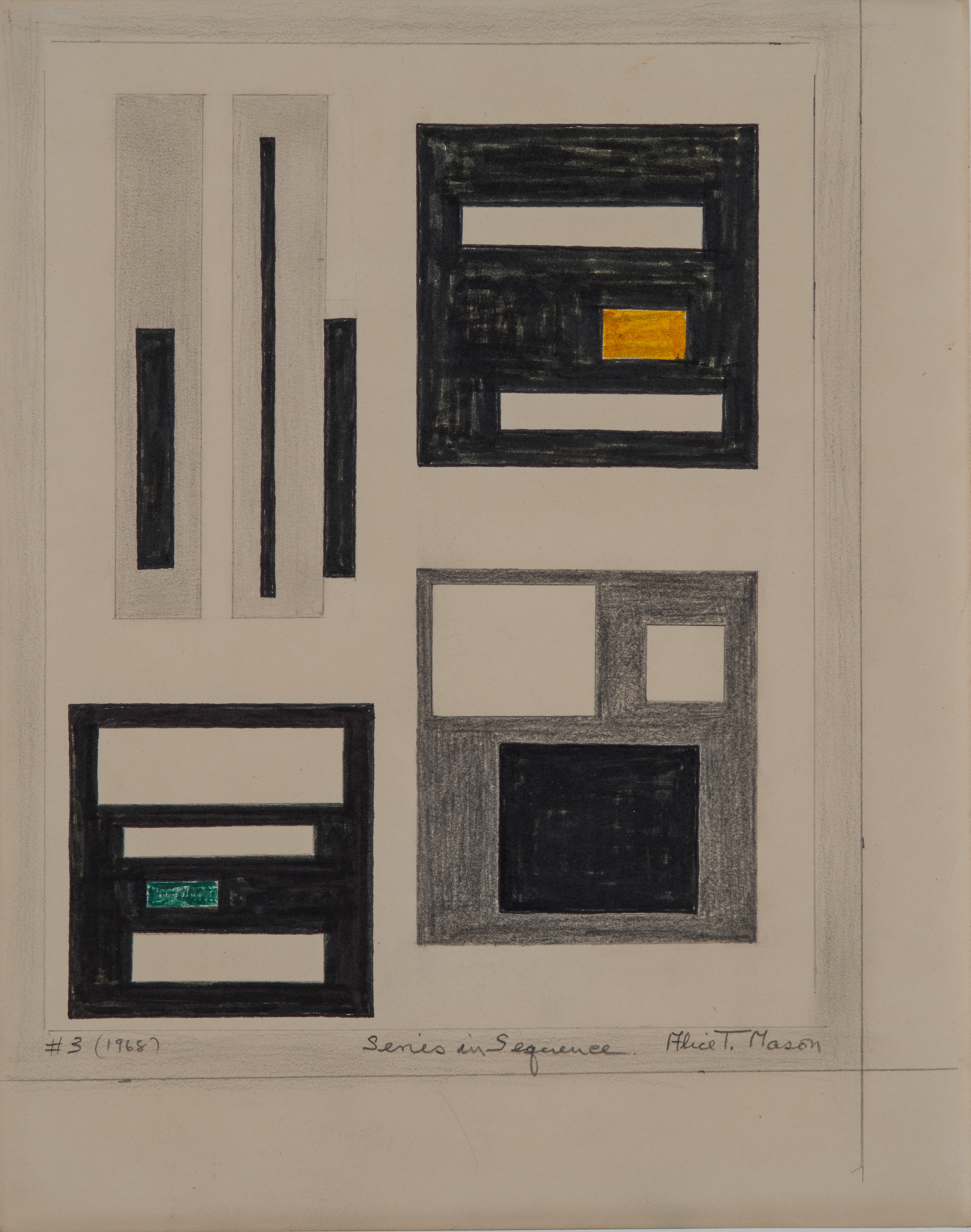 Abstract ink and crayon work on paper, comprised of white, grey, and black squares and rectangles in all four corners. There is one small singular orange rectangle in the upper right of the composition.