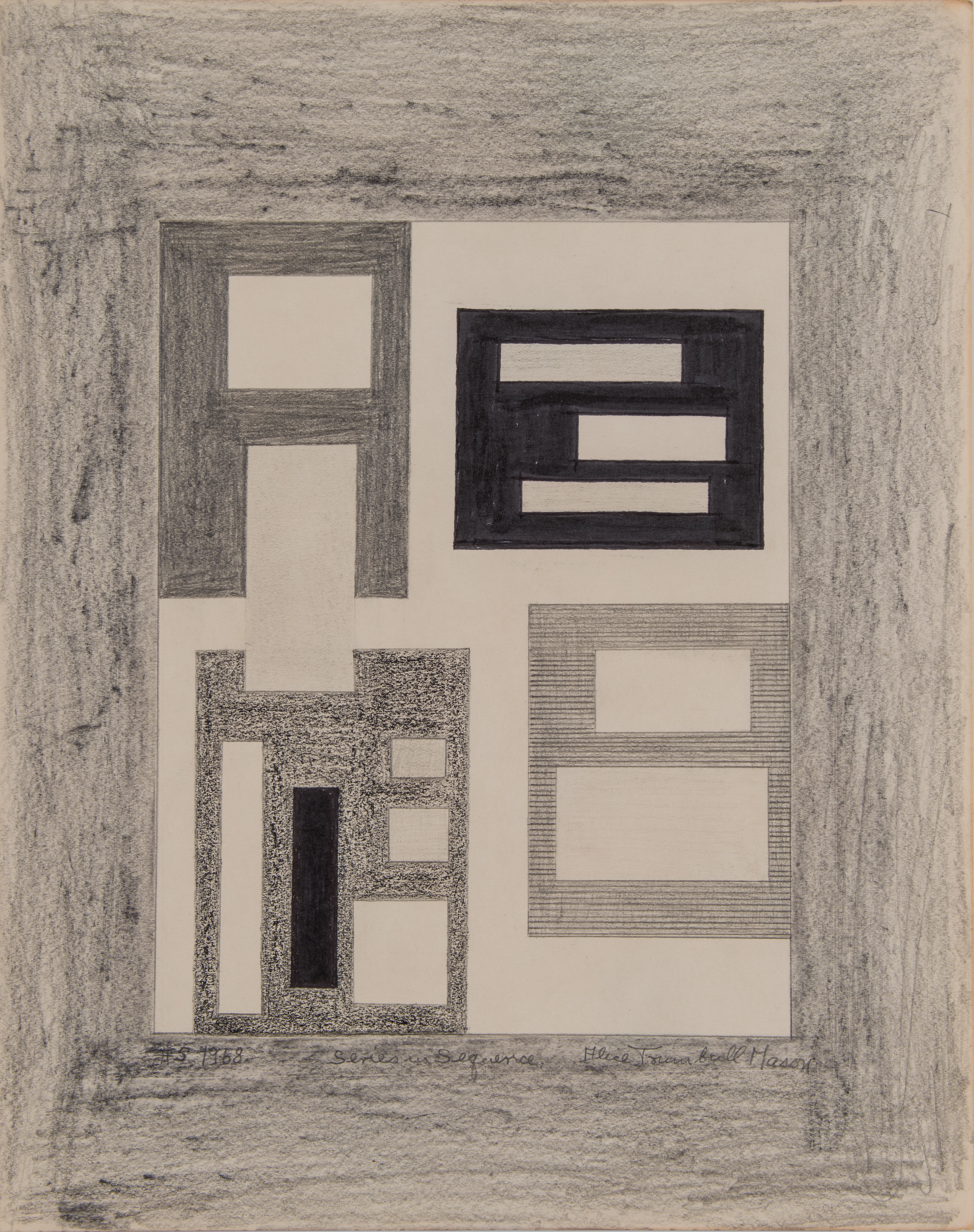 Abstract drawing with graphite, ink, and crayon on paper. The composition is comprised of white, grey, and black rectangles with a large white square, with a grey-shaded border.