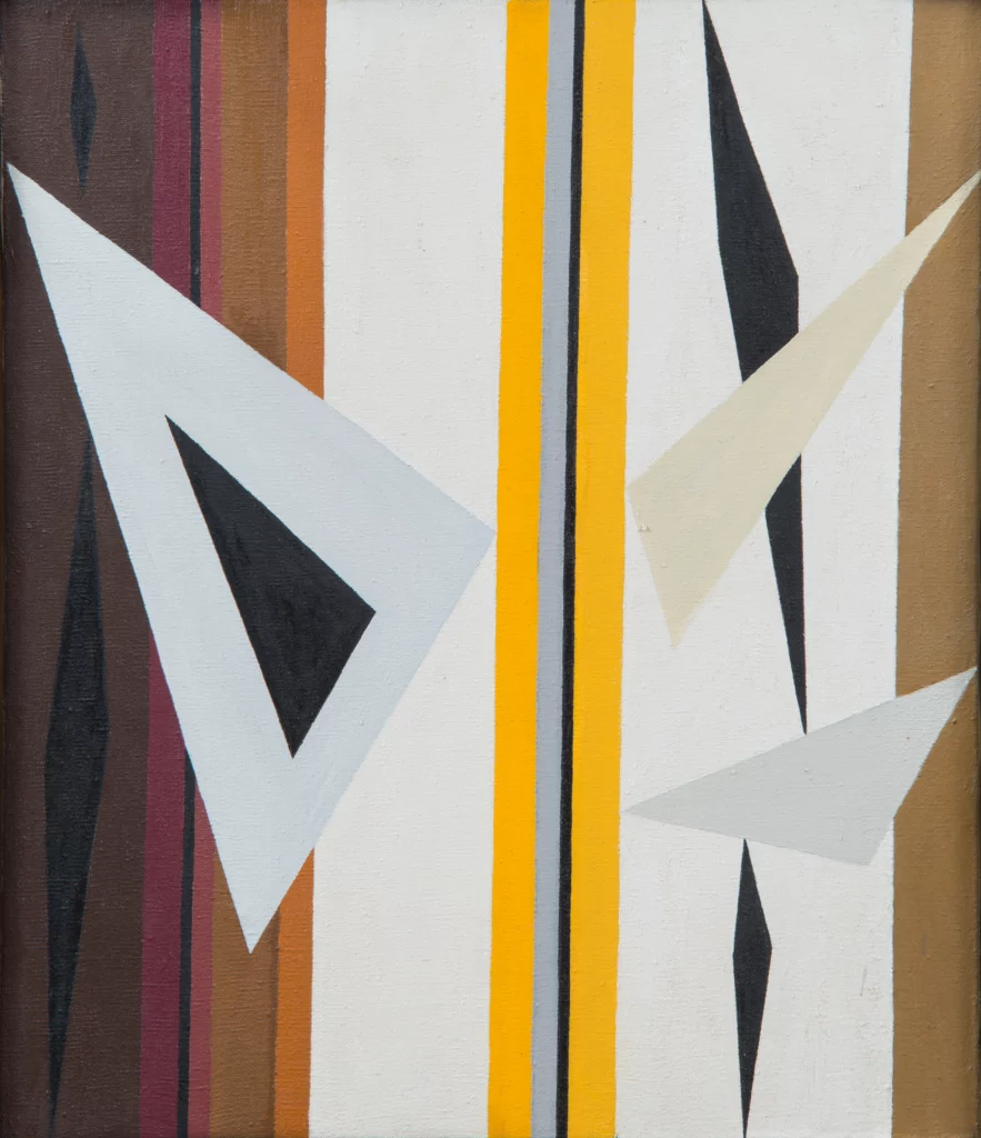 Abstract oil on canvas painting with brown, yellow, grey, black, and white vertical stripes. Three grey and beige triangles are in the foreground.