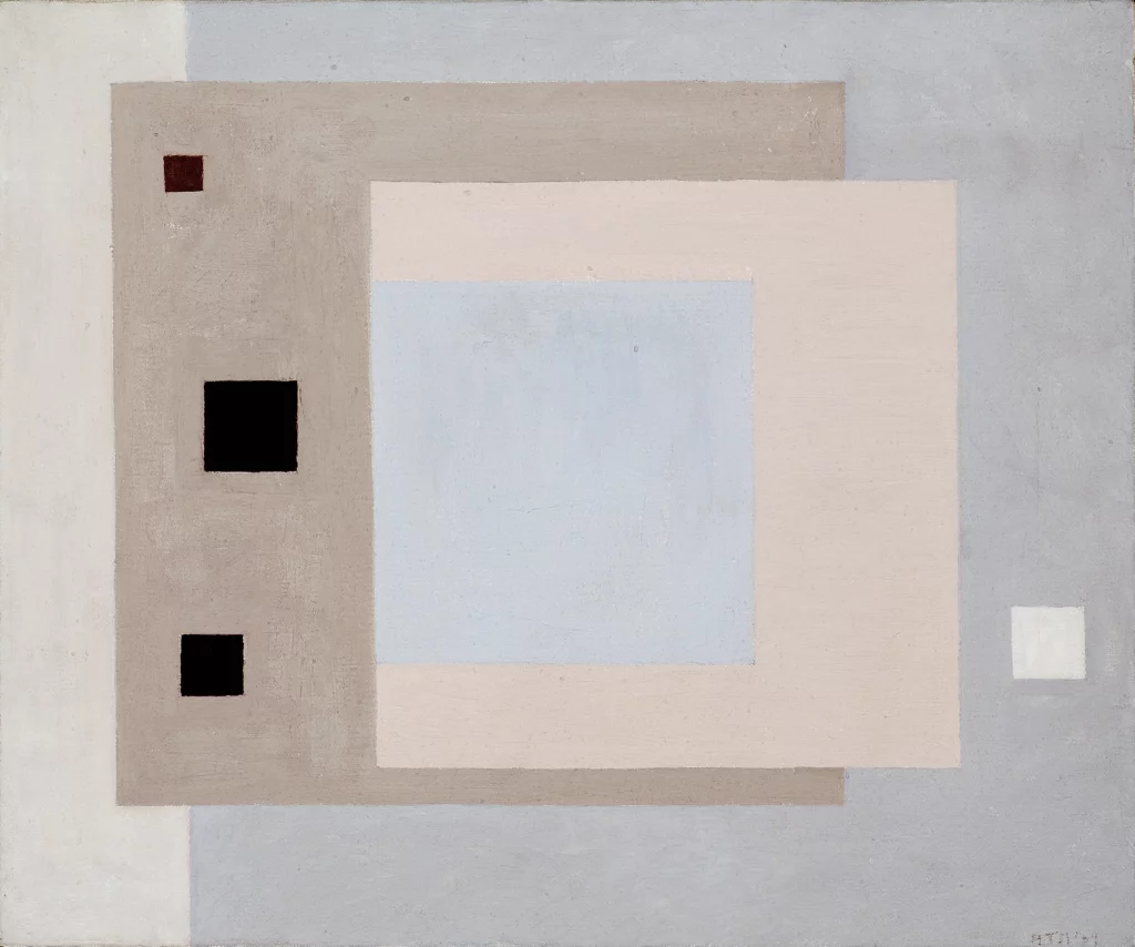 Abstract oil on canvas painting comprised of beige, light blue, black and grey squares, all of varying sizes.