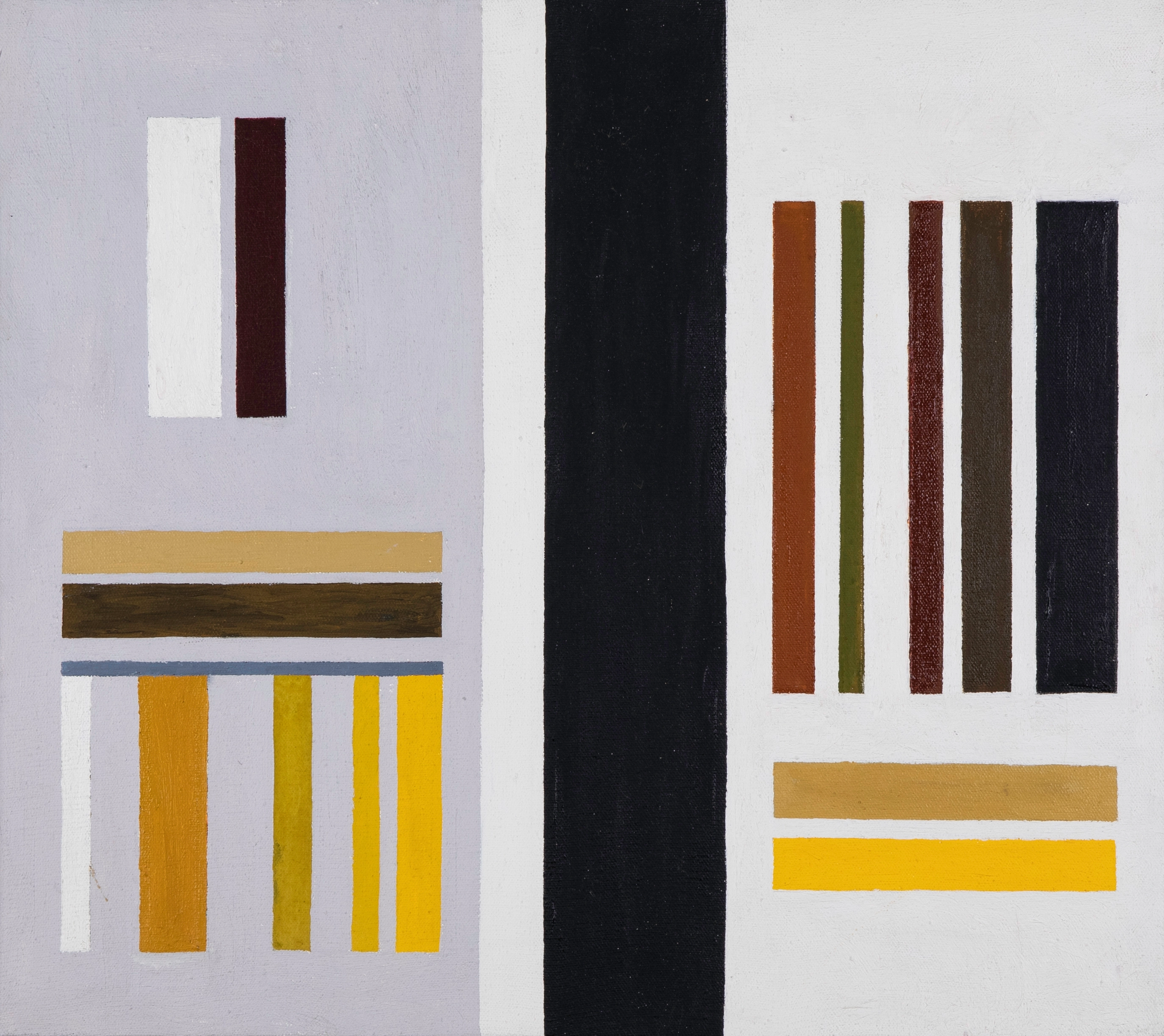 Oil on canvas painting of vertical and horizontal black, yellows and brown rectangles of varying thicknesses; a thick black line runs down the middle, separating the muted purple background on the left with the white background on the right.