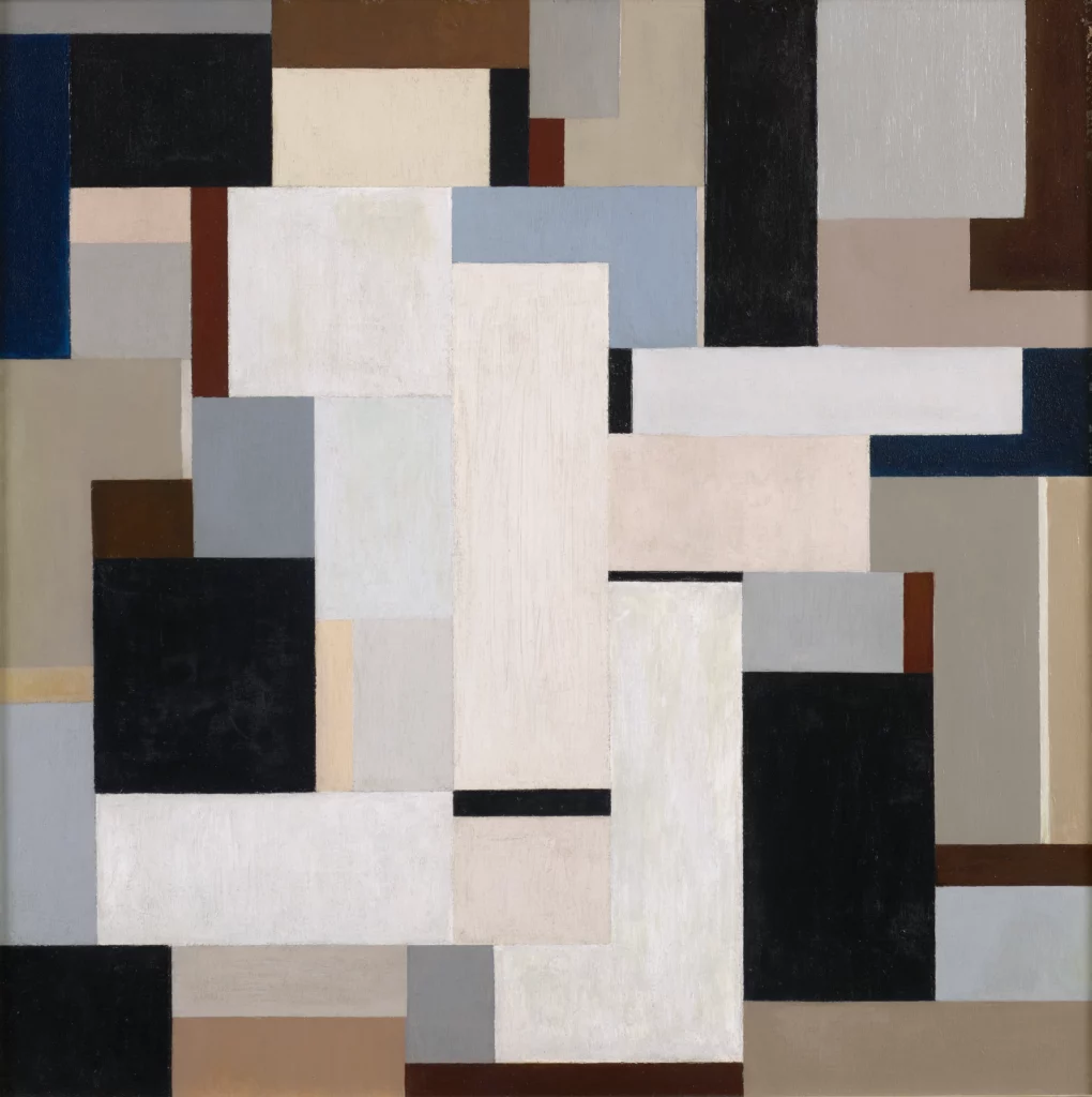 Abstract oil on wood painting, comprised of white, blue, black, great, and brown rectangles and squares.