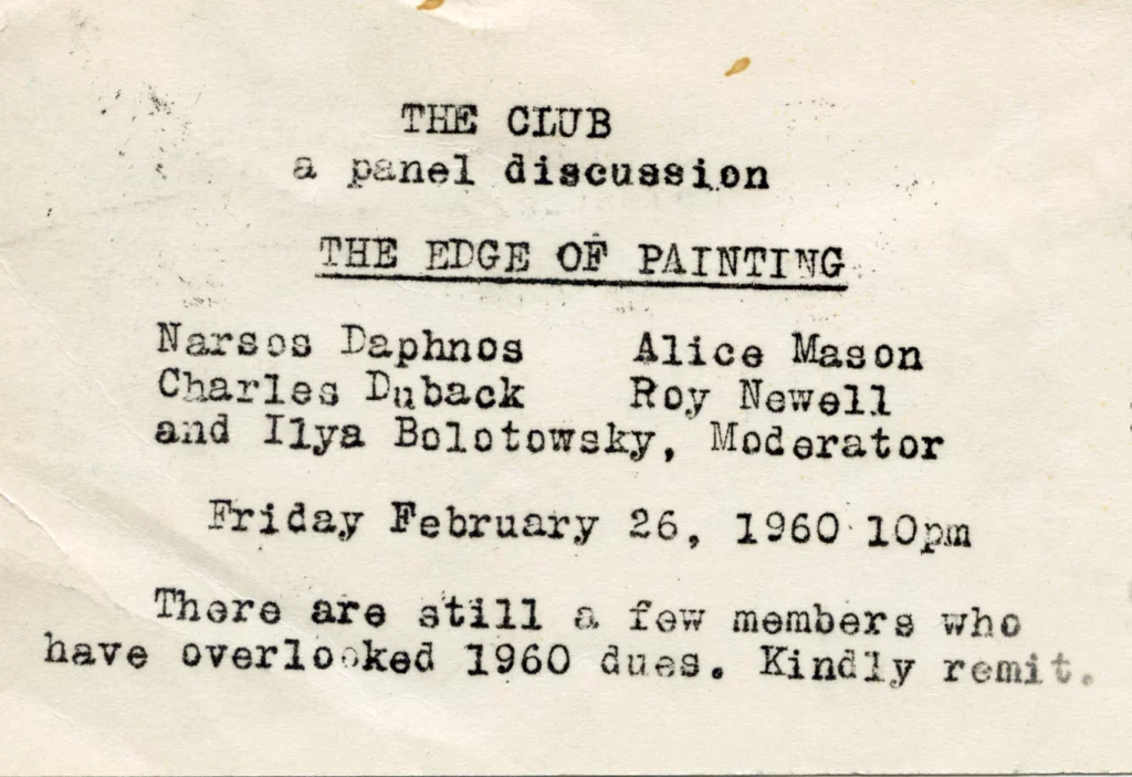 A typewritten card with the text "The Club: A Panel Discussion - The Edge of Painting." The participants and event information is listed.