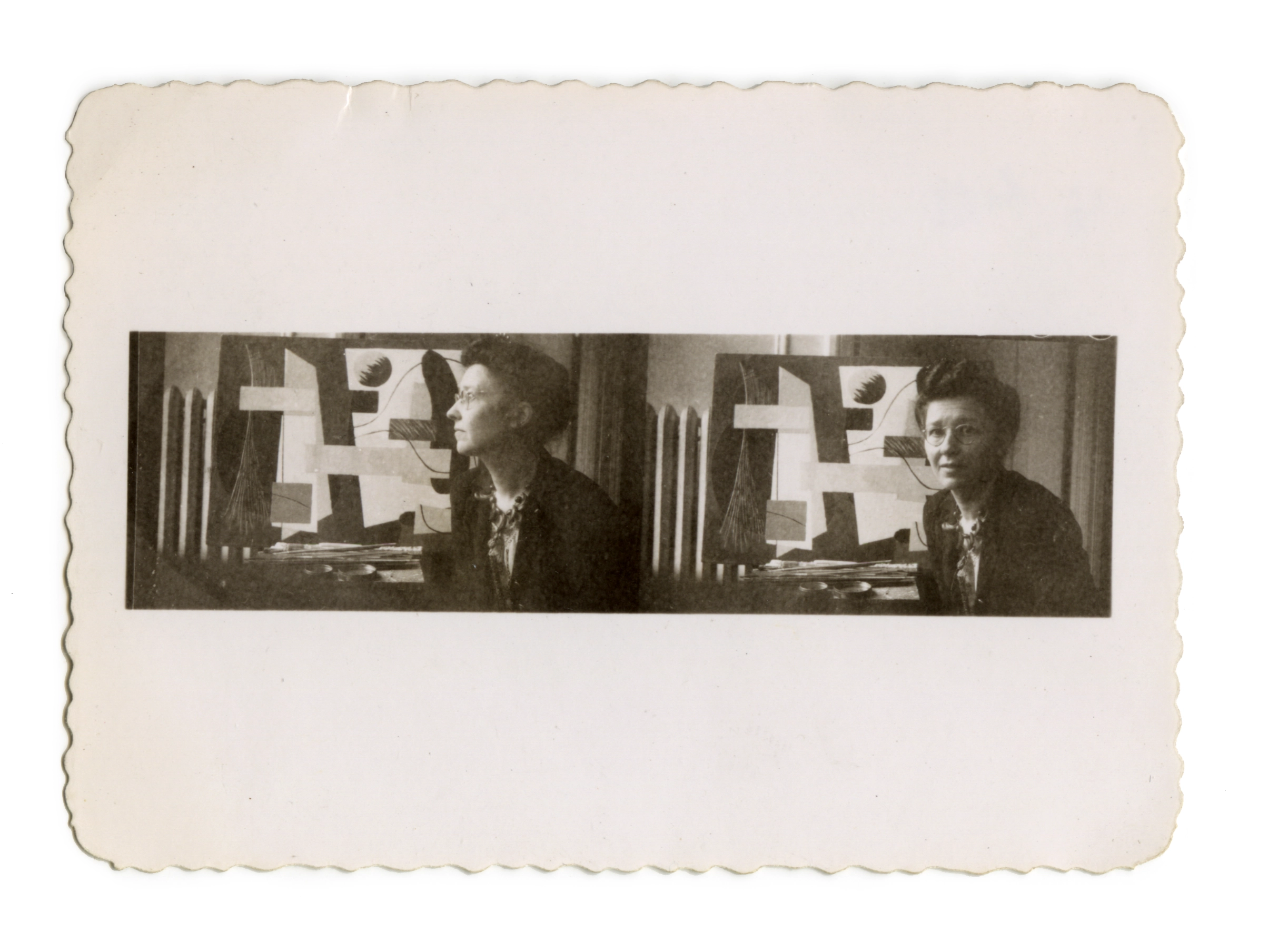 Two side-by-side, black and white thumbnail portraits of Alice Trumbull Mason from the 1940s , infant of her painting "Purple Median"