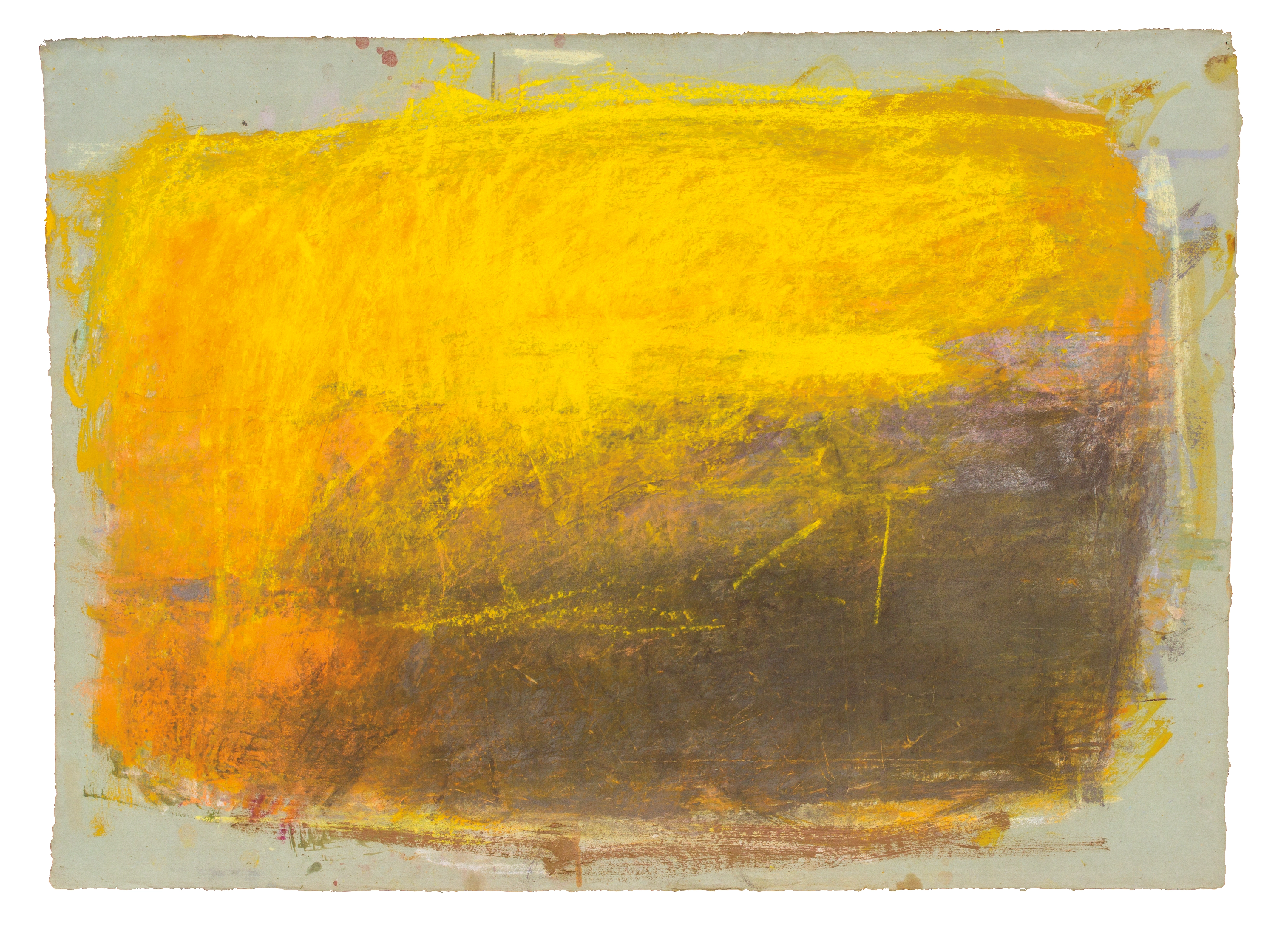 Abstract oil paint and pastel on grey paper comprised of dense stokes of yellow, purple, and orange.