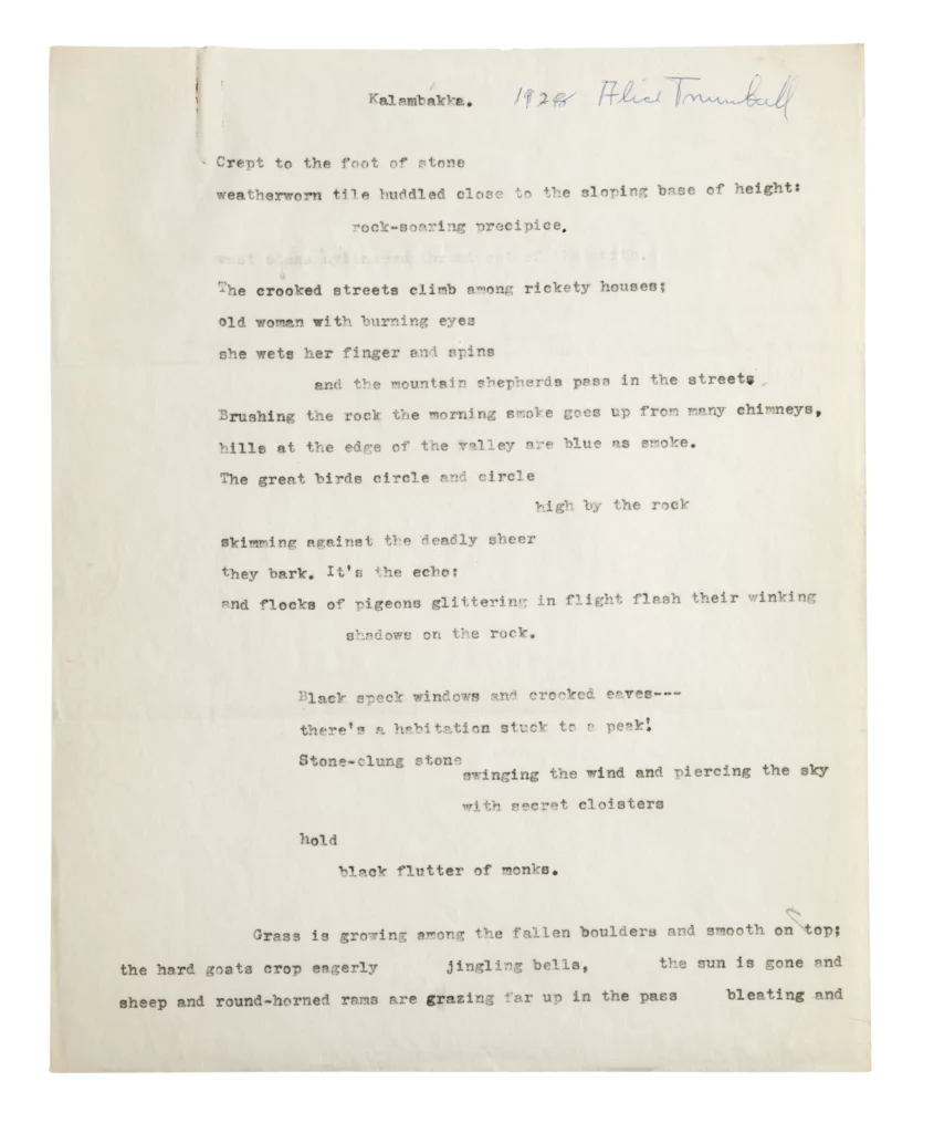 A typewritten poem on beige paper, with the text "1928 Alice Trumbull" hand written in cursive on the top right.