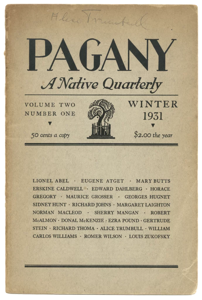 The cover of a 1931 writing journal titled "Pagany," volume two, number one; the cover lists the authors included.