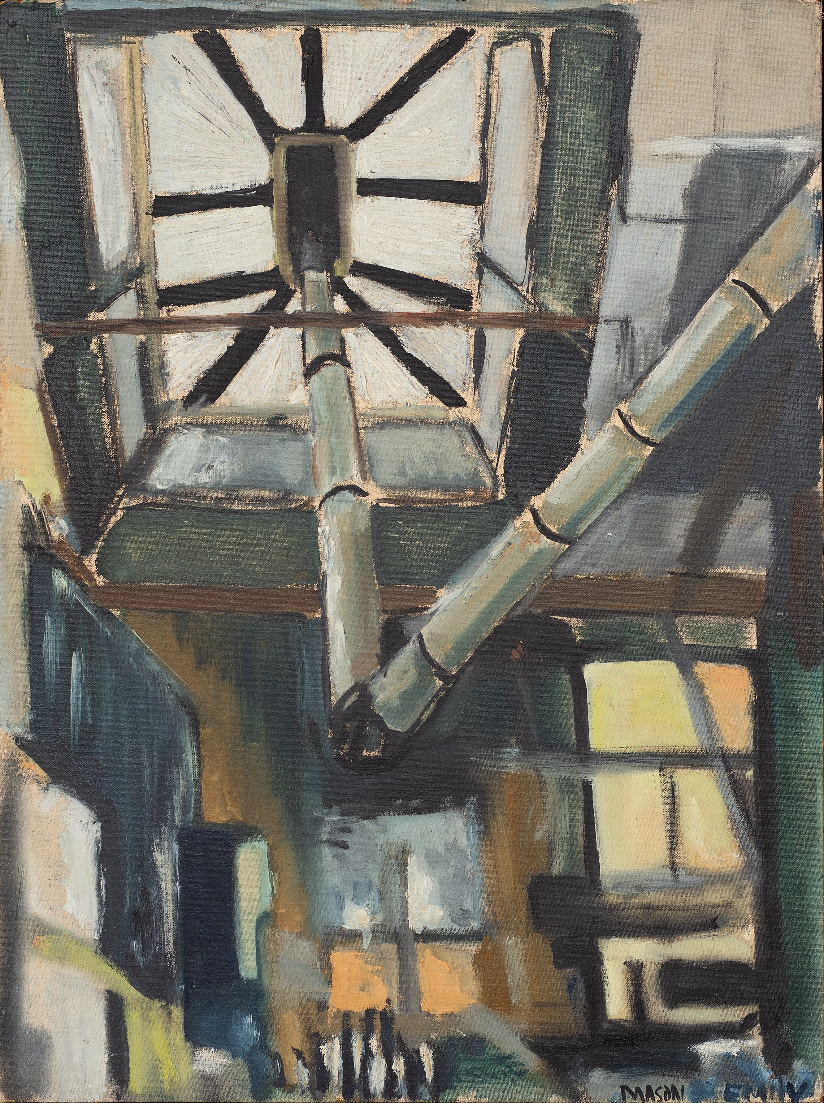 Oil painting of an industrial interior, focusing on the skylight and ceiling with grey metal pipes jutting throughout.